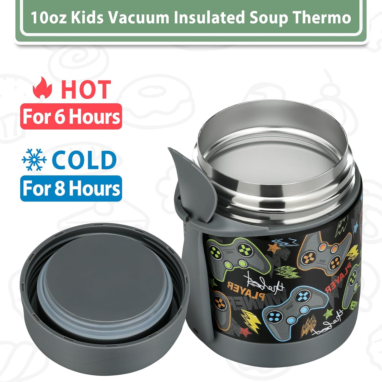 10oz Soup Thermo for Hot Food Kids,Lunch Thermo Kids Food Jar with Spoon Hot Insulated Food Containers,Leak Proof Stainless Steel Wide Mouth Lunch Food Thermo Jar for School(Black-Game Console) thumbnail