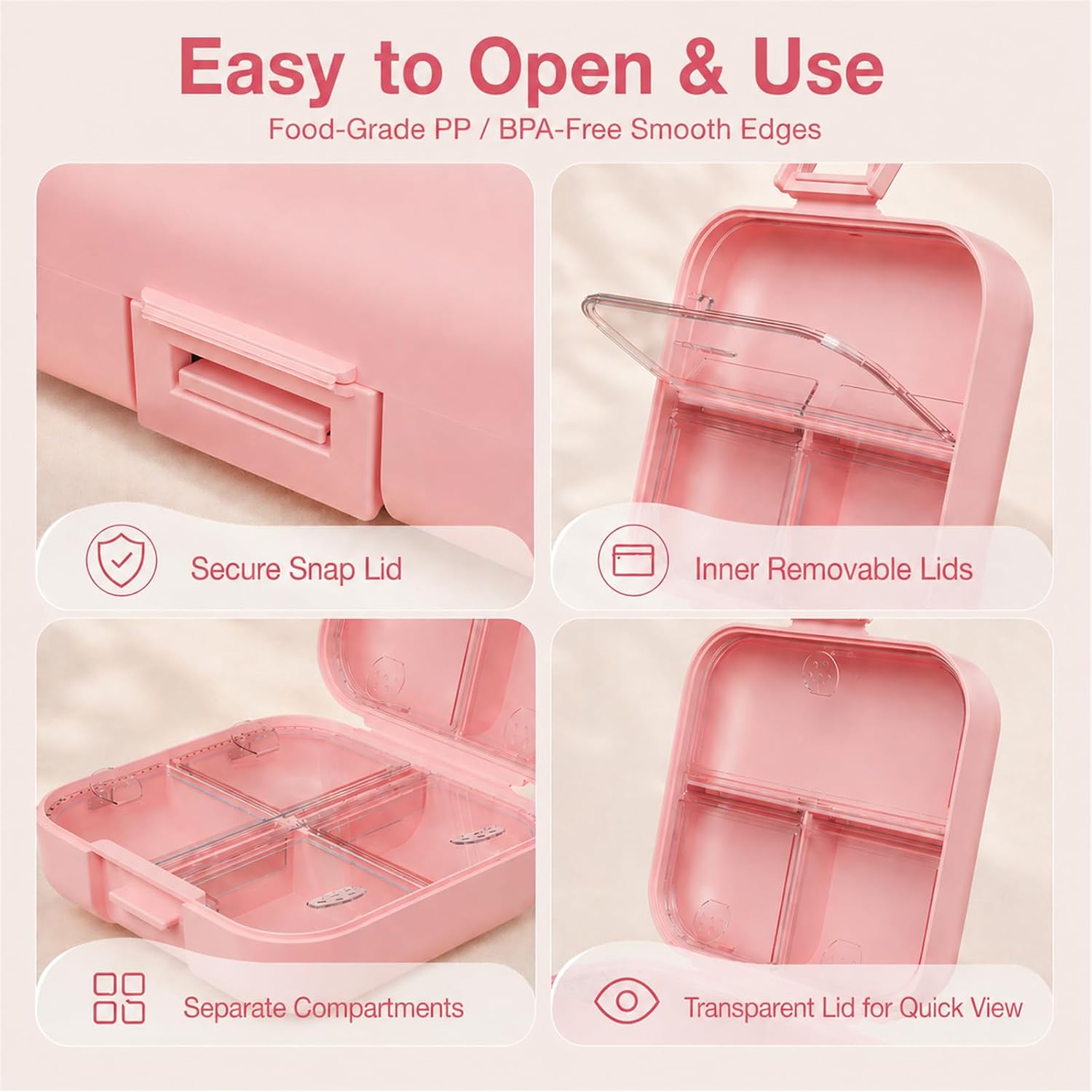 Small Travel Pill Box, Double Layer 7-Compartments Pill Organizer, 3.1" x 3.1" x 1.4" Portable Weekly Pill Case Container for Pocket, 7 Day Compact Medicine Holder for Vitamins, Fish Oils Pink