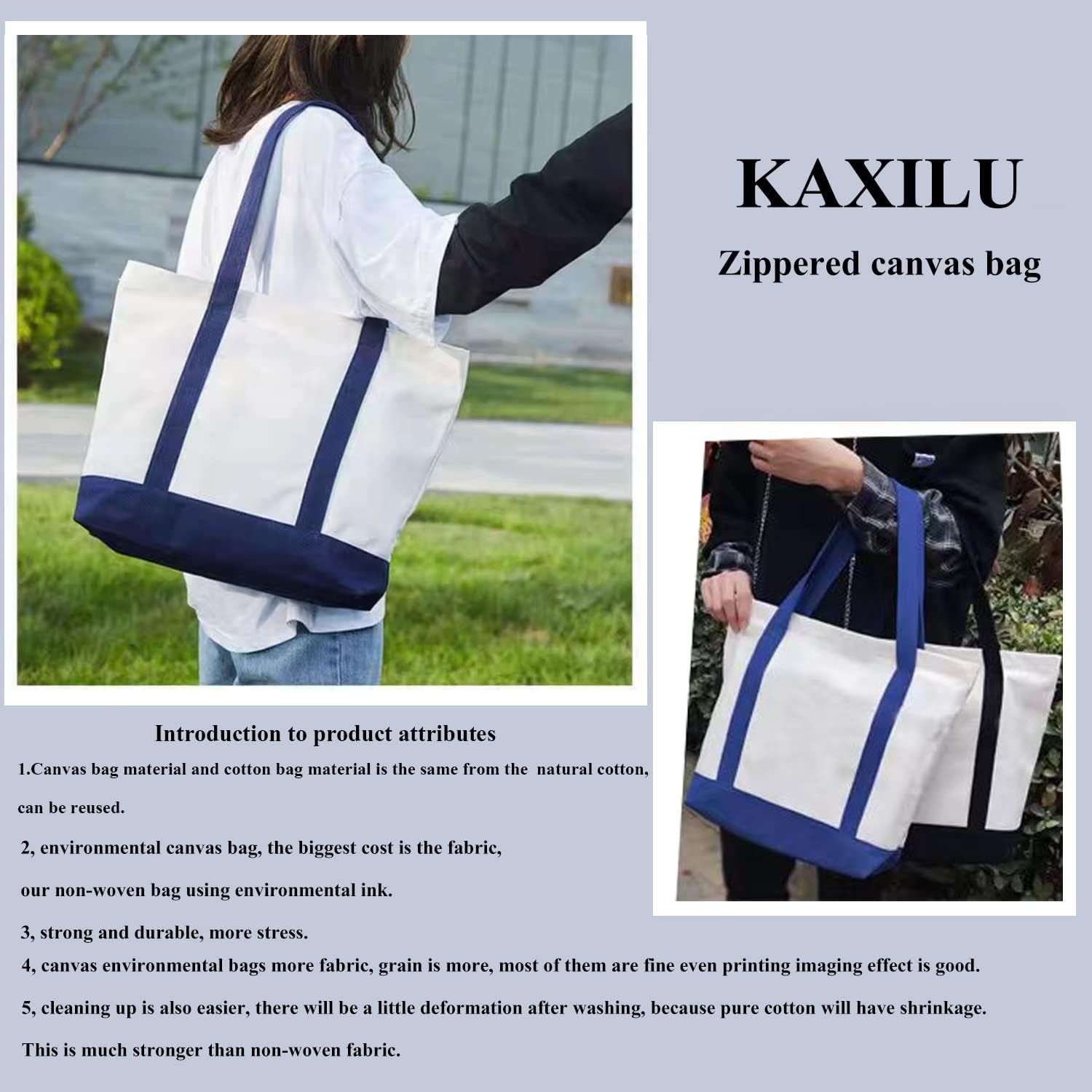 kaxilu Green Zippered Canvas Tote Bag 16.5"x 14"x5" Heavy Duty Plain Tote Bags 4PCS Reusable Canvas Tote Bags Bulk Cloth Grocery Bags