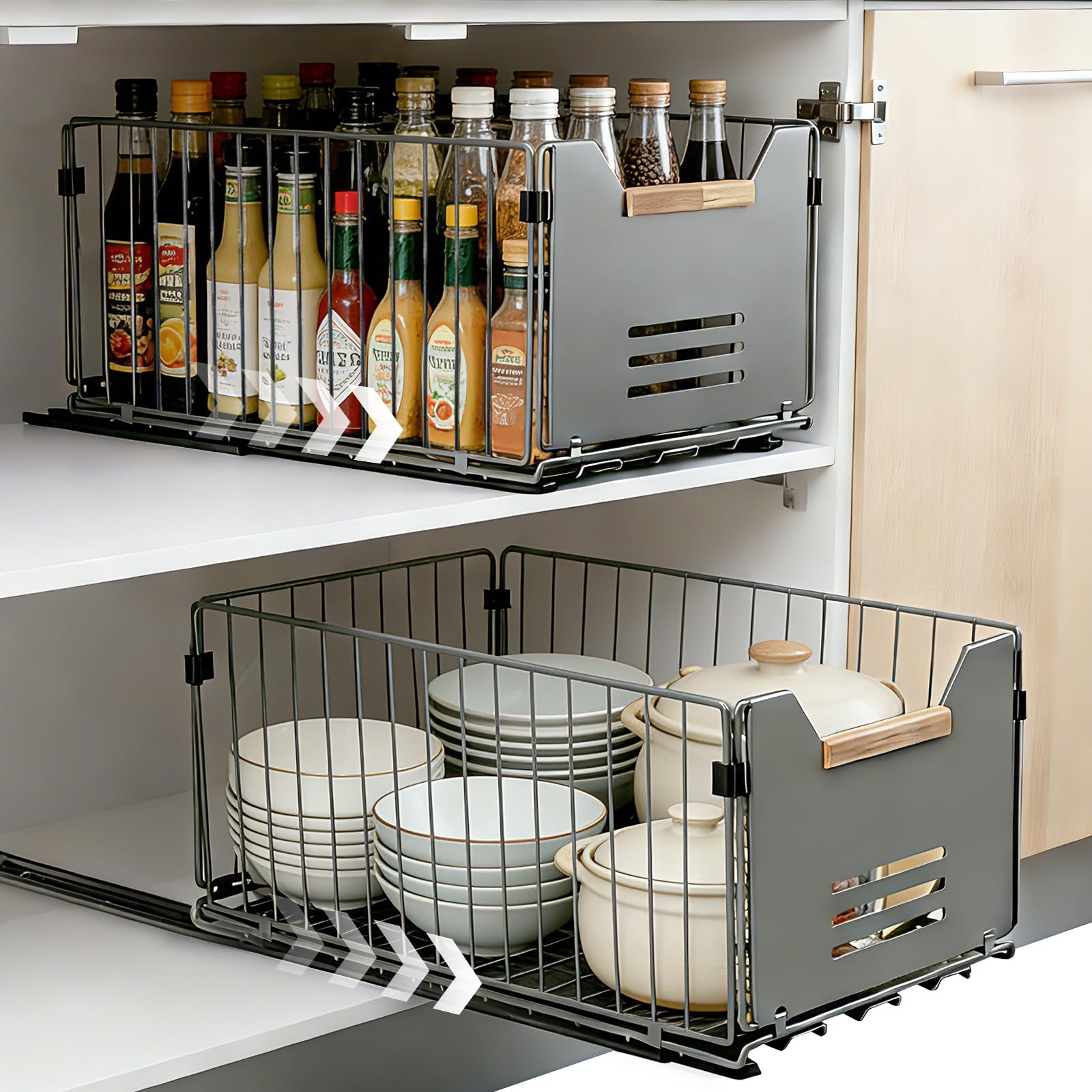 AiQInu Lot de 2 Tiroirs Coulissants Extensibles, Organisateur de Placard Sans Perçage, Rails pour Tiroir de Cuisine, Silencieux pour Rangement Cuisine, Salle de Bain, Installation Facile, 37.5x24.5x19