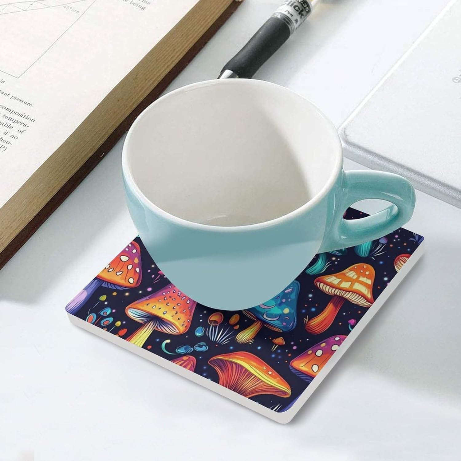 Psychedelic Mushroom Coasters for Drinks Square Table Coasters Set Cup Mats with Cork Base