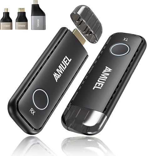 𝟐𝟎𝟐𝟓 𝐔𝐩𝐠𝐫𝐚𝐝𝐞 Wireless HDMI Transmitter and Receiver, Plug & Play with 3 HDMI Adapters, 98FT/5GHz HDMI Wireless Extender for Monitor, HDTV, Streaming Video/Audio, Camcorders, Laptop,Projetor