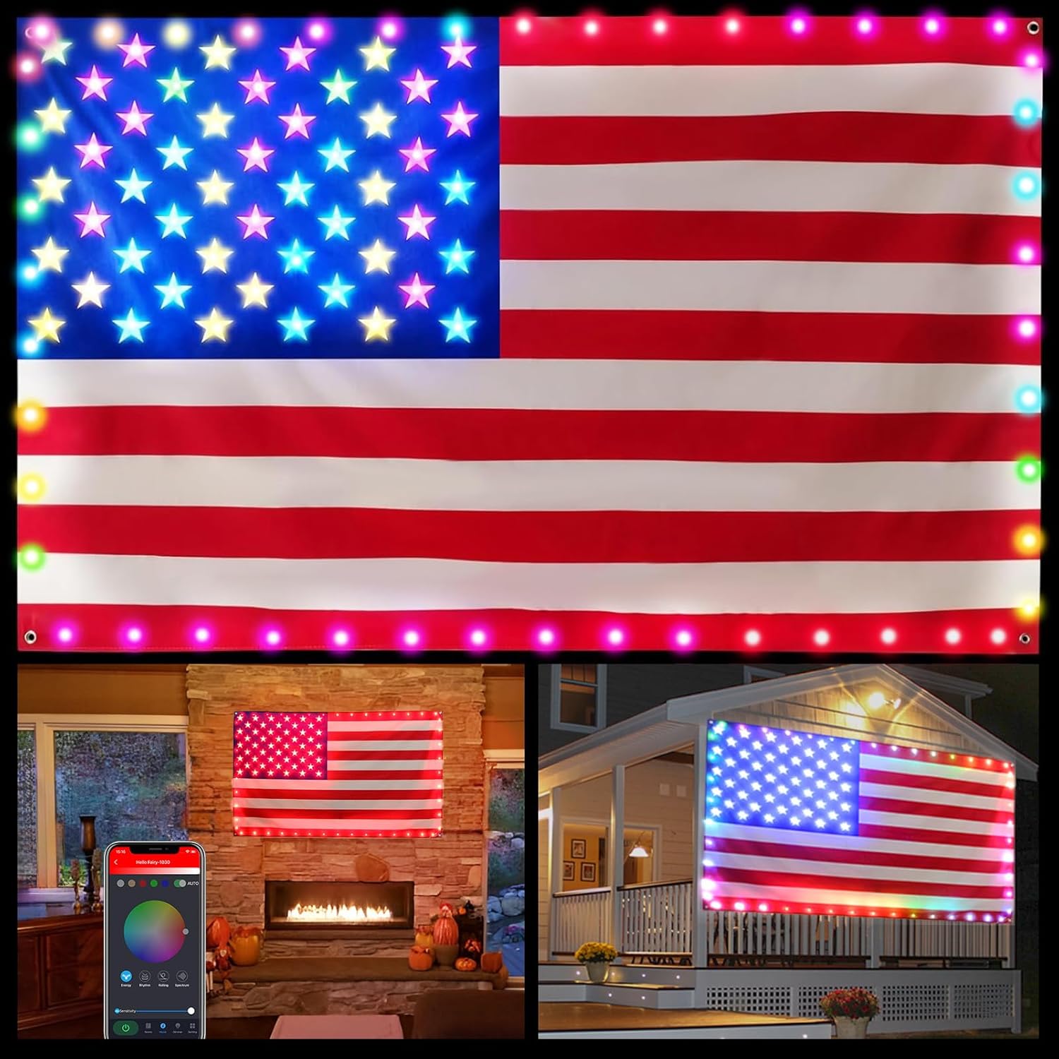 American Flag with Lights, 3 * 5 Ft Smart 98 LEDs String Lights for Independence Day Memorial Day Indoor Decor Music Sync