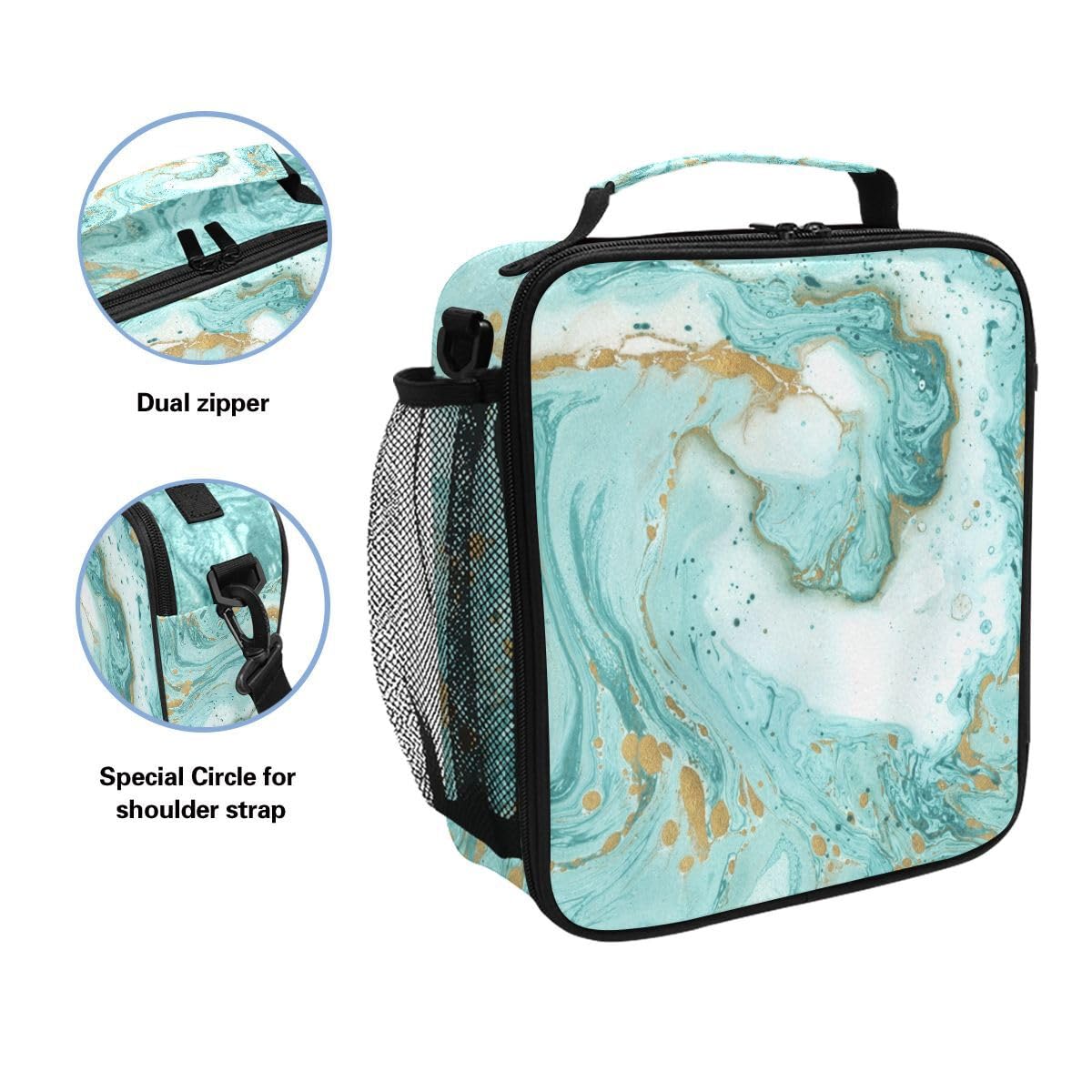Lunch Bags for Kids Boys Girls Toddler Turquoise Marble Texture Reusable Insulated Lunch Box - Image 2