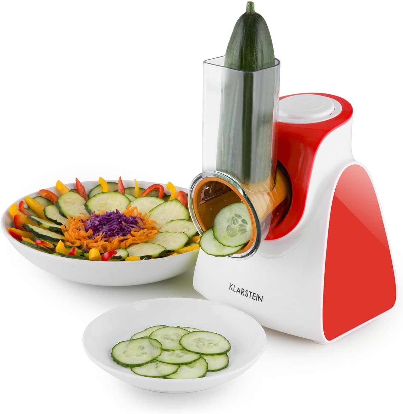 Klarstein - Carrot & Rock Electric Kitchen Mandolin Vegetable Slicer (150W Power, 5 Accessories, Grater, Slicer, Suitable for Fruit and Cheese) red