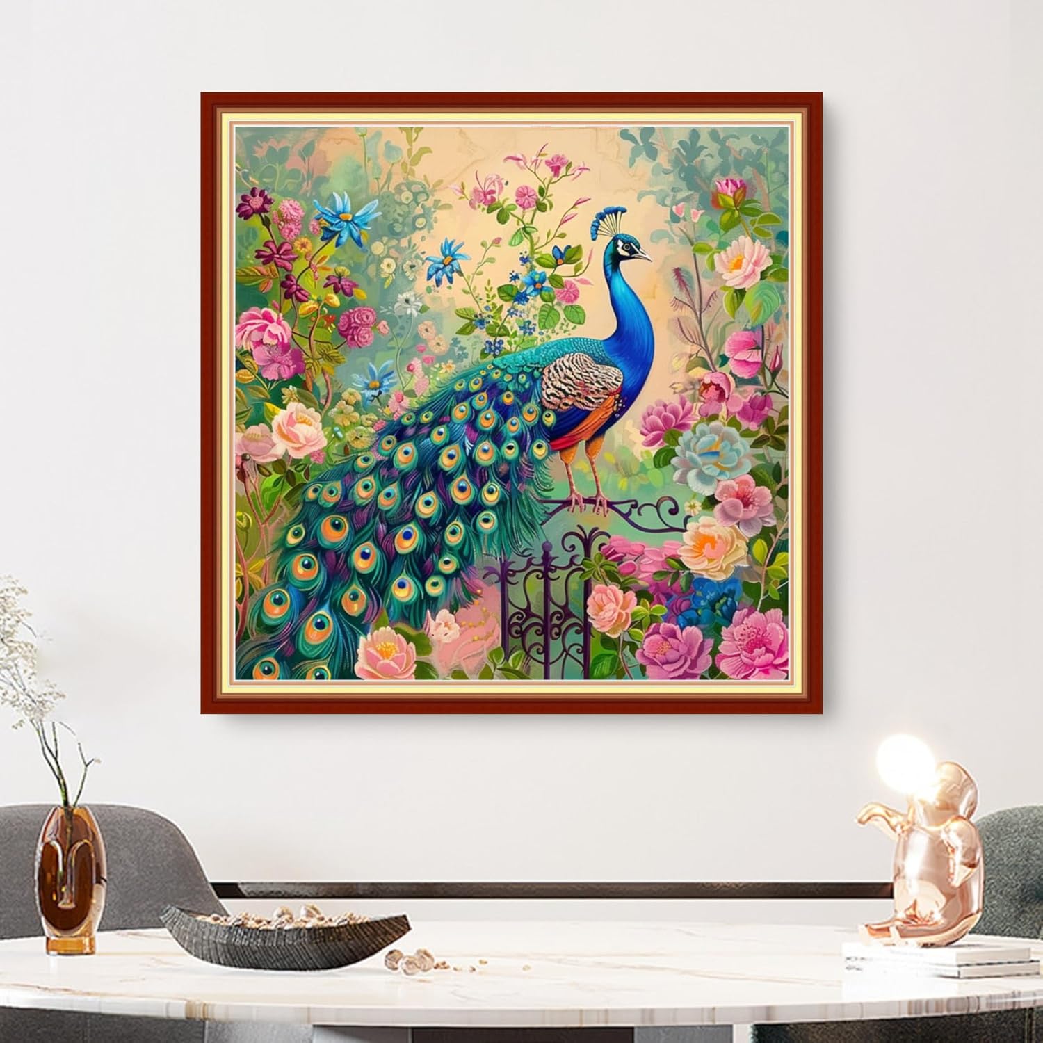Findvoor Stamped Cross Stitch Kits for Beginners Full Range of Cross Stitching Embroidery Pattern for Adults, 11CT DIY Needlepoint Embroidery Starter Kits-Peacock Flowers 18x18 inch