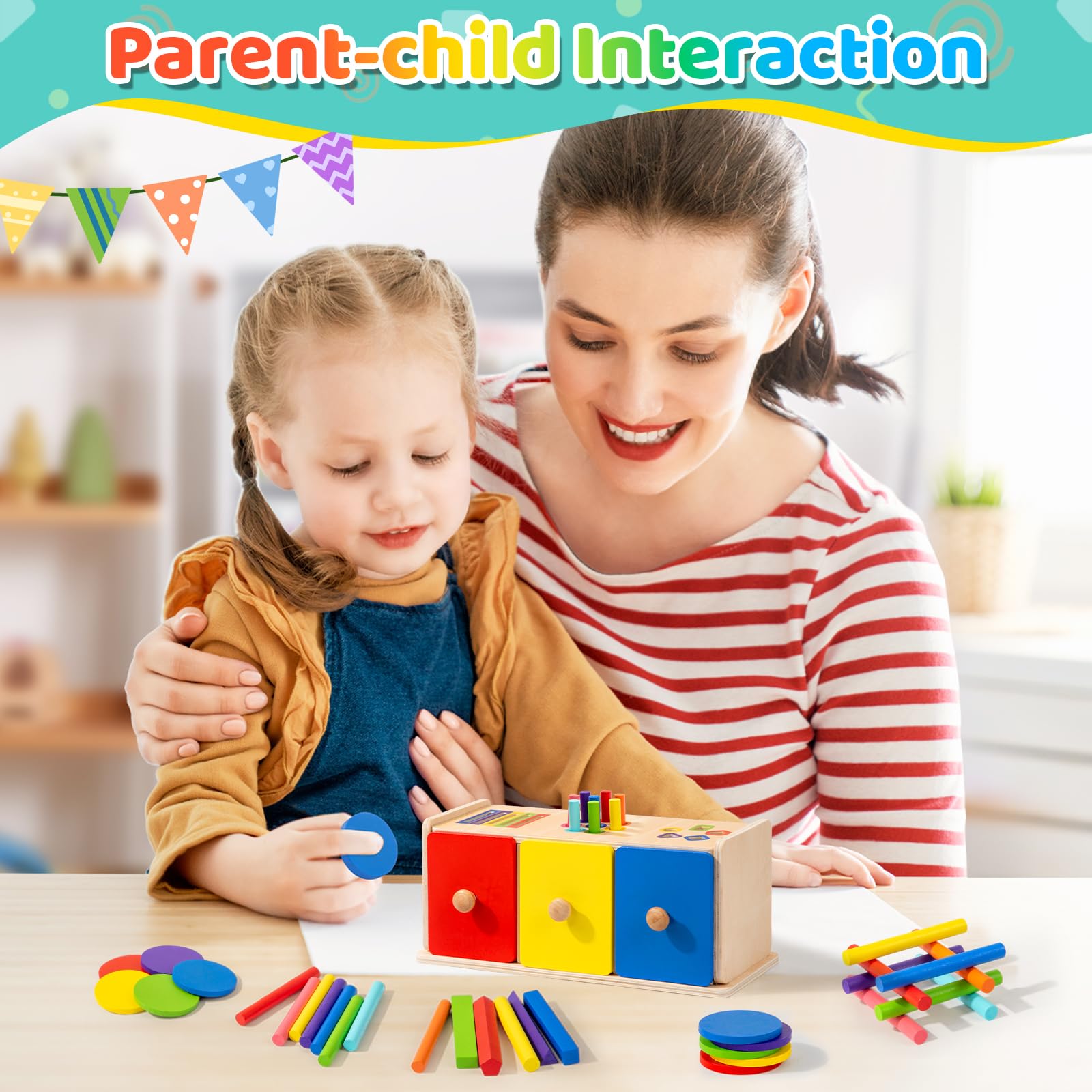 Jeux Montessori 1 2 3 Ans, 3 en 1 Jouet Enfant Bébé 1 2 3 Ans Jeu Educatif en Bois Tiroir Apprendre Les Couleurs Forme, Jouet Montessori Cadeau Fille Garçon 12 3 Ans Anniversaire Pâques Noël