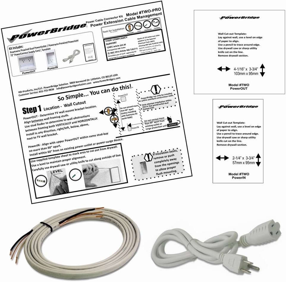 PowerBridge Solutions TWO-PRO-24 Dual in-Wall Cable Management for Wall-Mounted TVs, 24' NM-B Cable, White