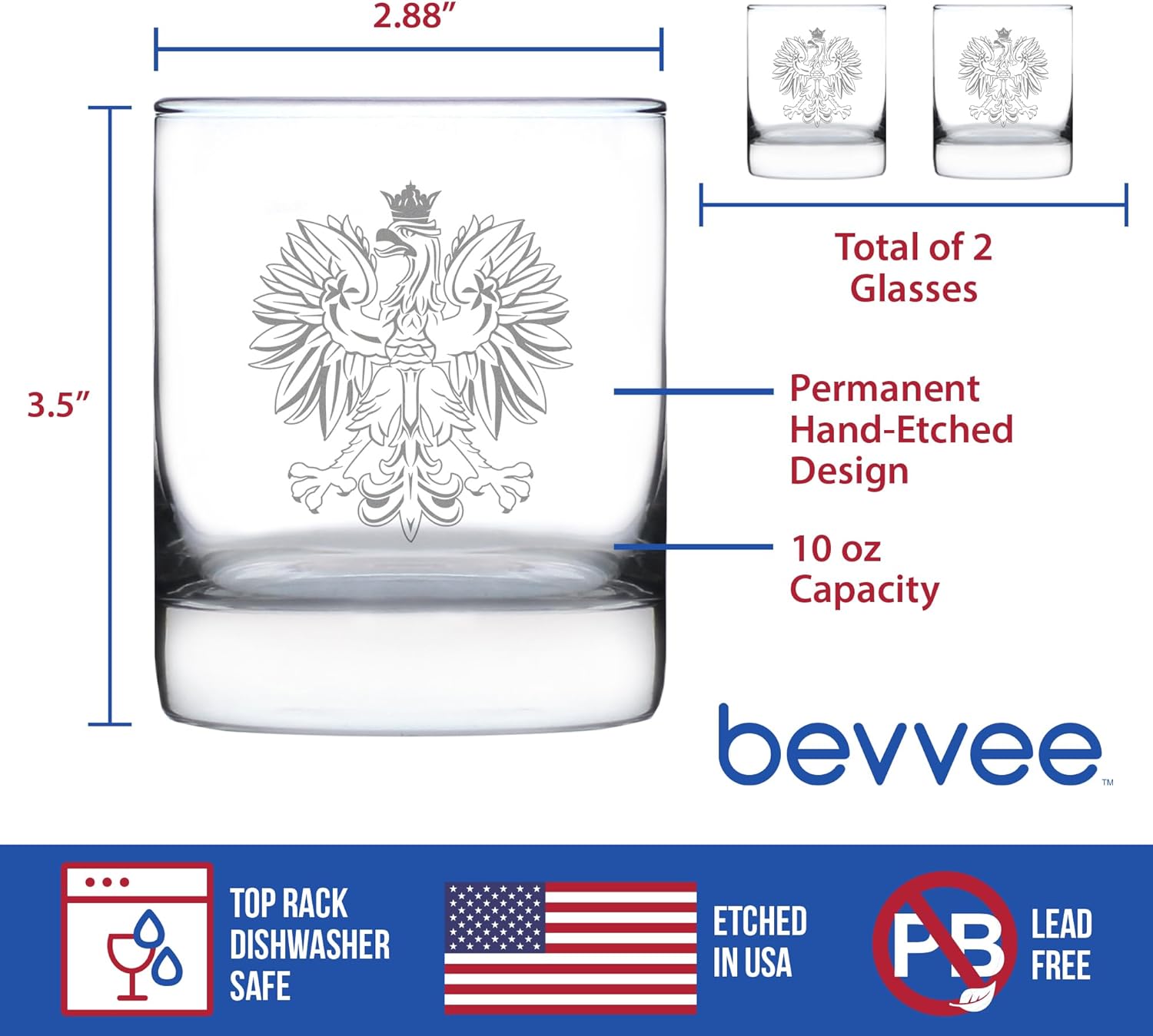 Bevvee Polish Eagle Whiskey Rocks Glass - Poland Gifts or Party Decor for Women & Men - Set of 2-10.25 Oz Whisky Tumbler Glasses