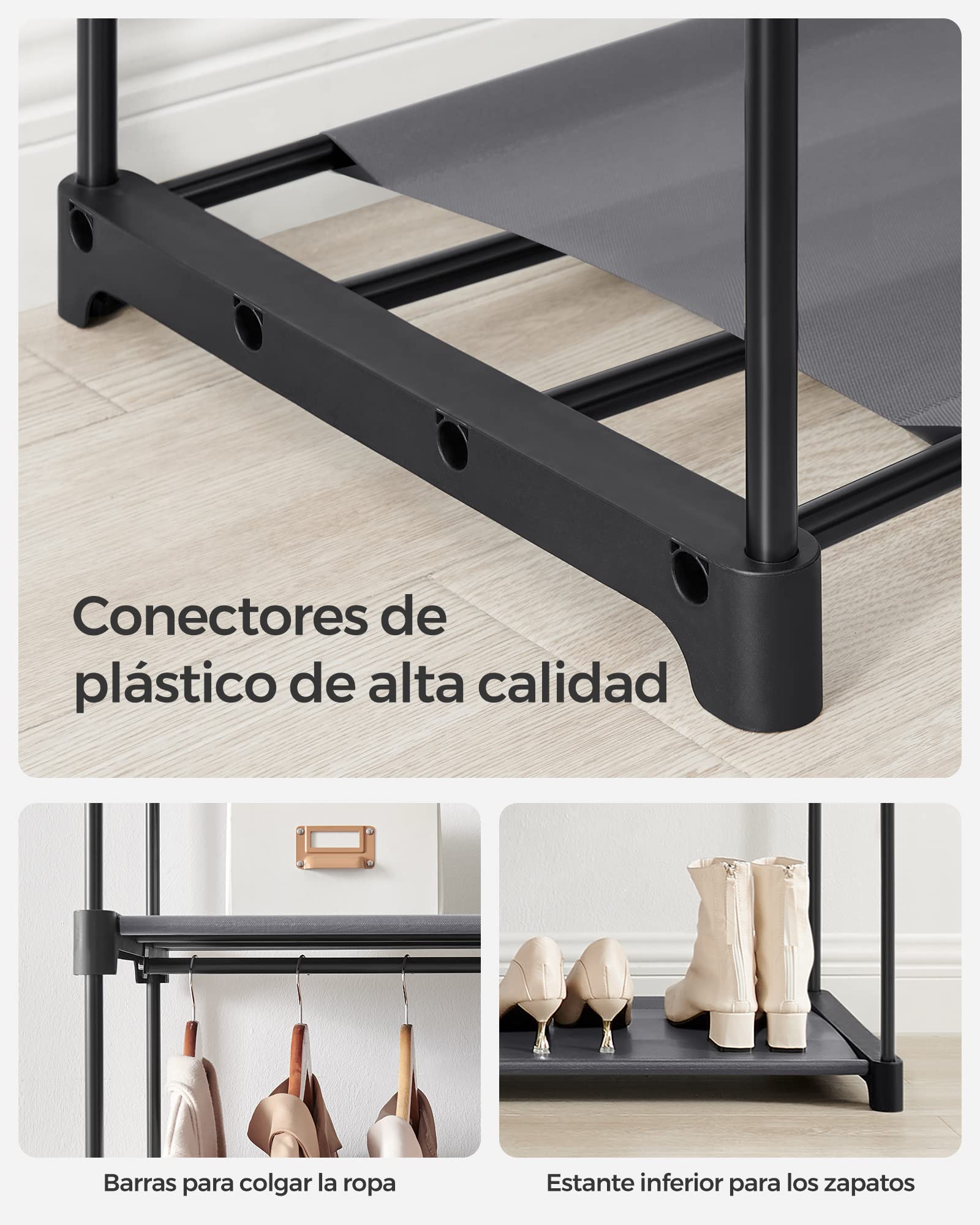 SONGMICS Armario de Tela, Armario Portátil con Barras para Colgar, Perchero, Plegable, Guardarropa, para Dormitorio, Estudio, 140 x 43 x 174 cm, Gris RYG02GY