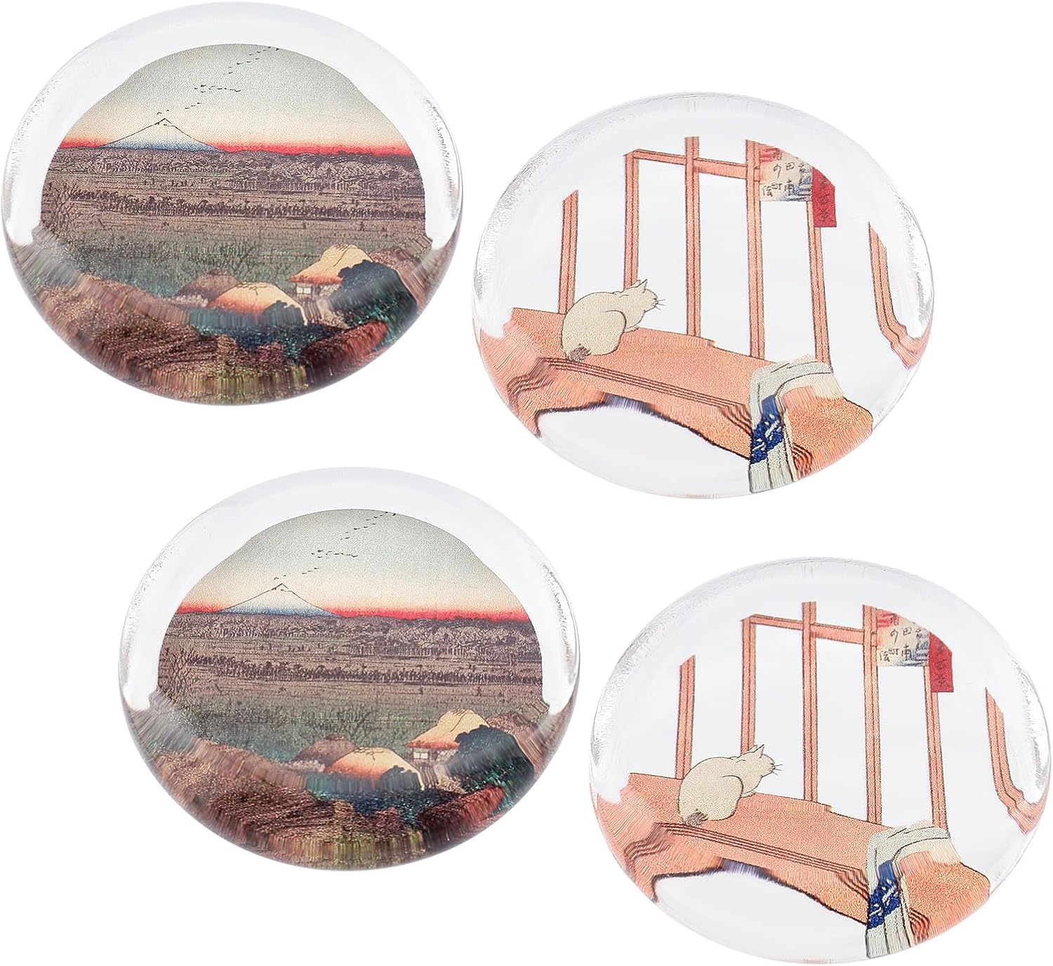 Japanese Glass Chopstick Rest Set of 4 - "Ukiyo-e Cat and Rural Landscape" Design - 1.6" (40mm) Cute Zen Tableware - Handcrafted in Japan