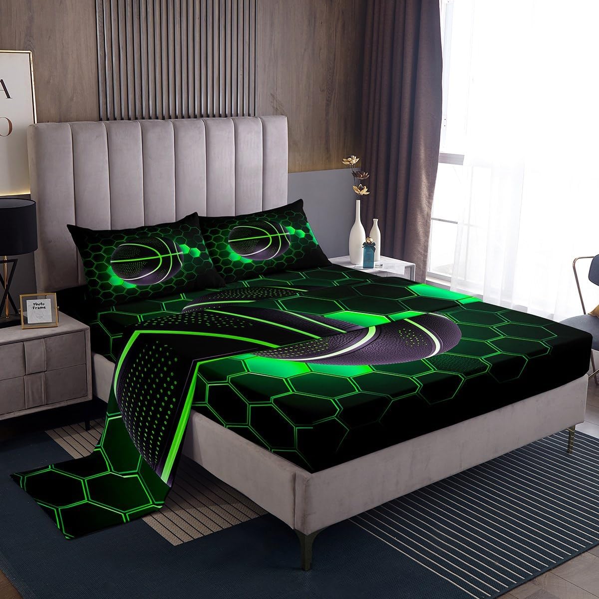 jejeloiu Basketball Fitted Sheet Twin Size Kids Honeycomb Bedding Set for Boys Girls Teens Bright Green Bed Sheets Set Breathable Soft Lightweight