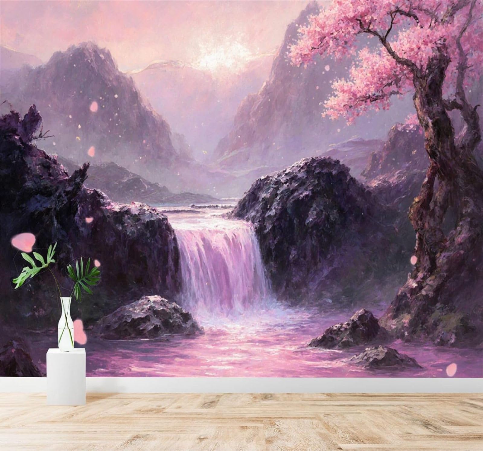 XLMING Pink Cherry Blossoms Waterfalls Mountains Sunset Sky 3D Wallpaper Premium Textured Silk Study Dining Living Room Bedroom Sofa TV Wall Easy Install-400cm×280cm