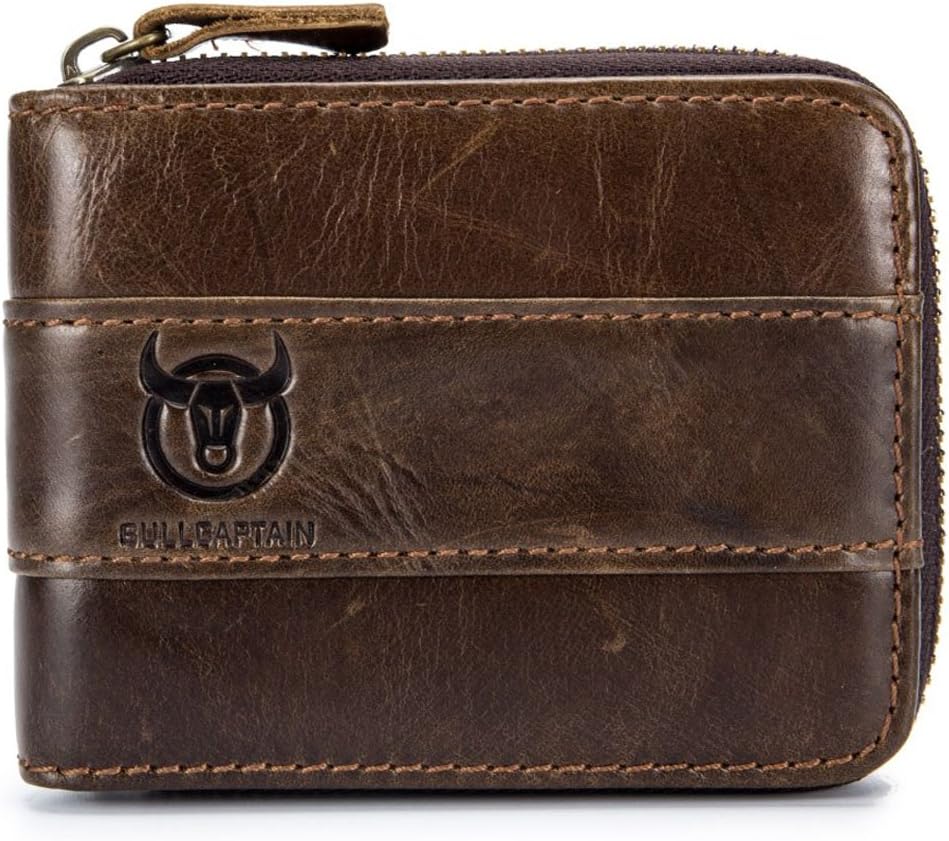 Men's Brown Genuine Leather RFID Blocking Zip-around Wallet with 11 Card Slots and Coin Pocket