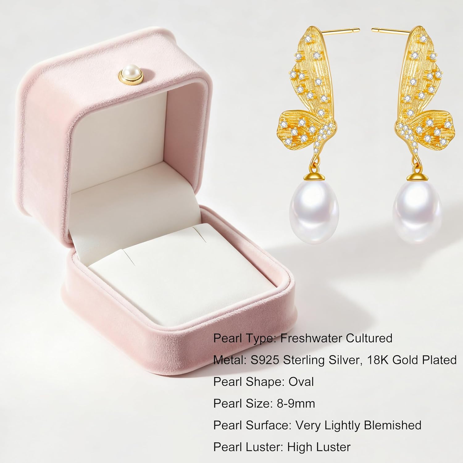 Freshwater Cultured Pearl Earrings - 925 Sterling Silver and 18K Gold Plated with Sparkling Zircons Butterfly Dangle, AAAA Genuine Pearl Earrings - Image 6