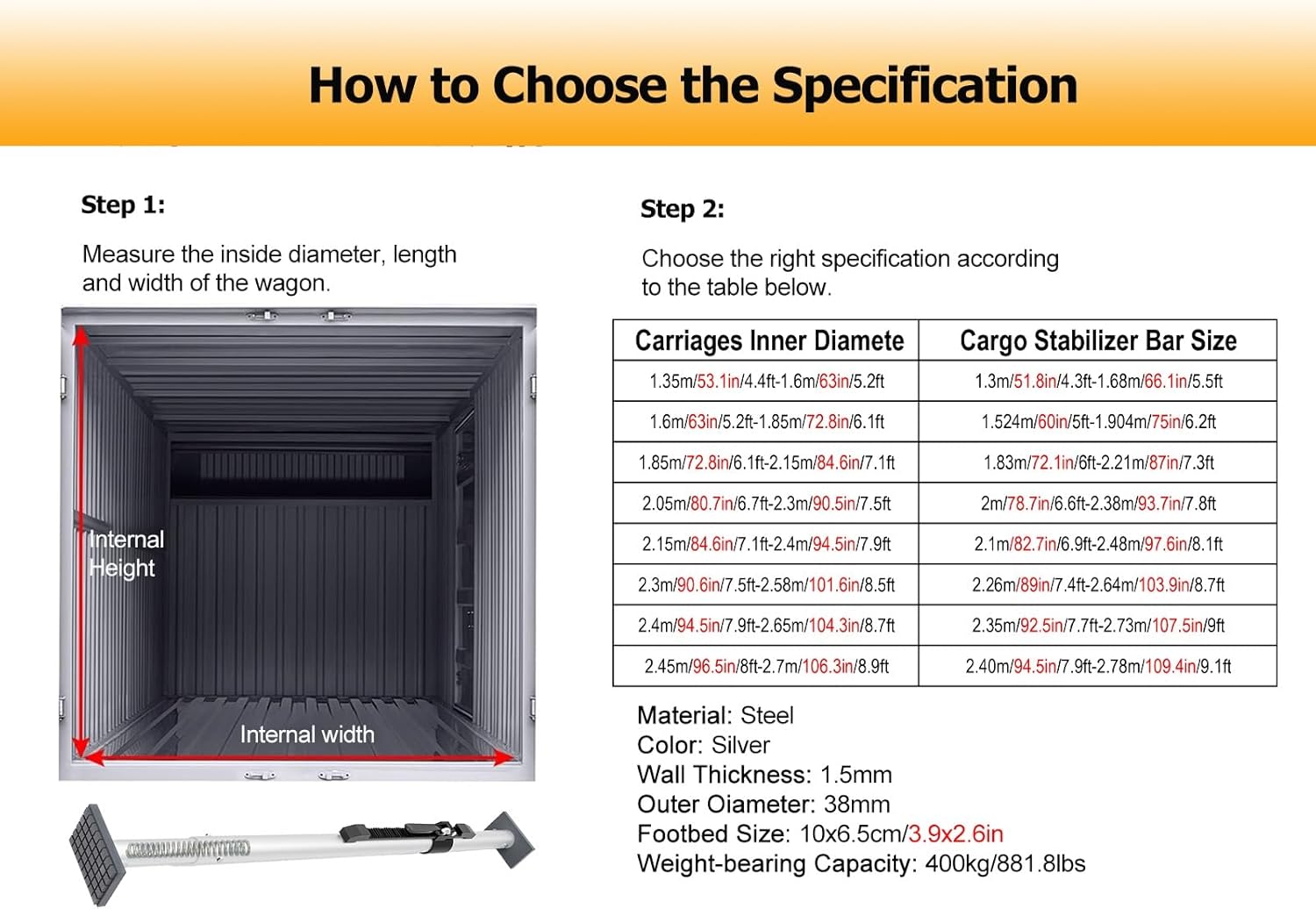 Adjustable Cargo Stabilizer Bar - Heavy-Duty 881.8 lbs Capacity Truck Ratcheting Bar for Secure Transport of Heavy Items in Vans, Cars & Trailers (4.3-5.5ft)
