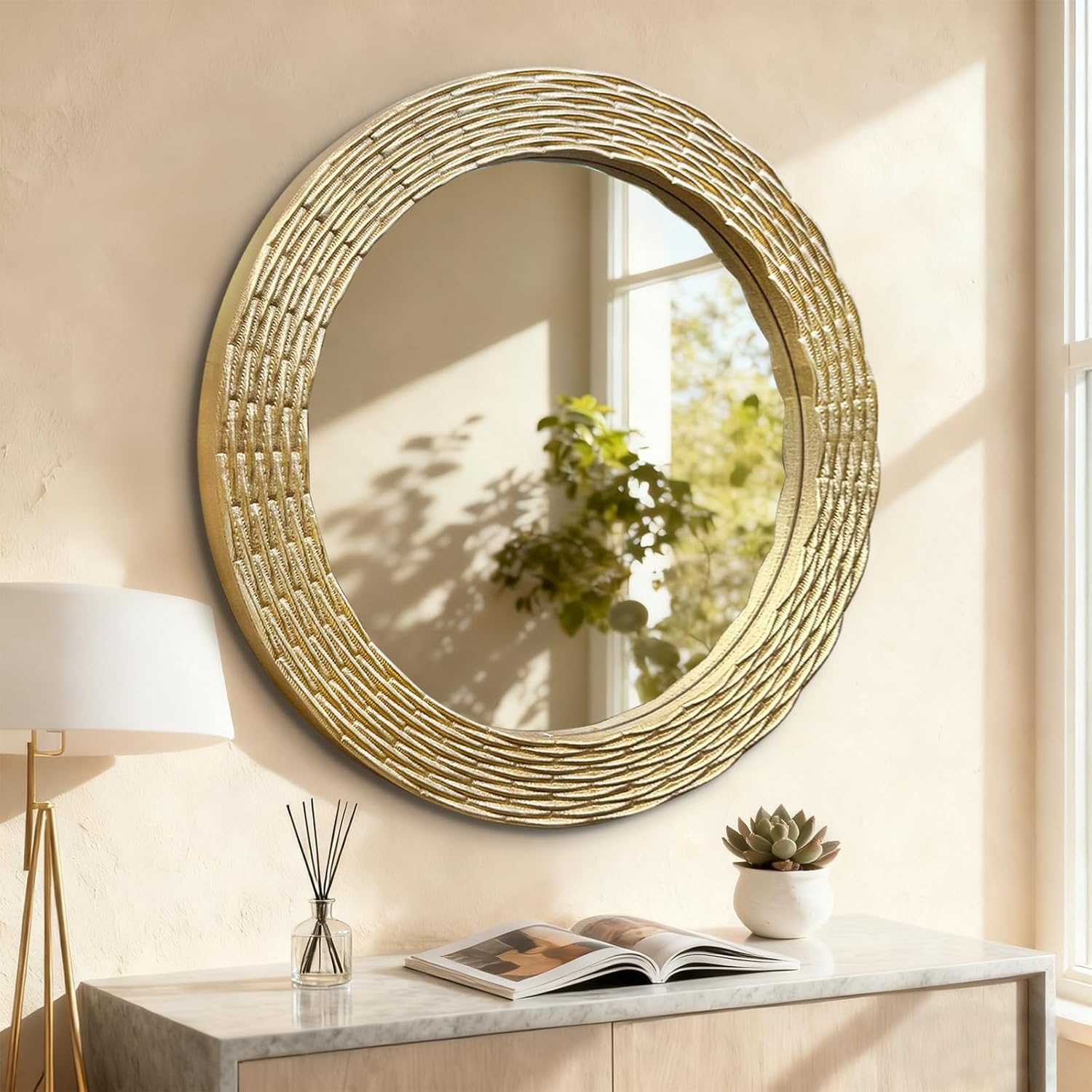 WAMIRRO Gold Round Wood Mirror, 28 Inch Hand Carved Solid Wood Frame Circle Mirror for Wall Mount, Farmhouse Boho Decor for Living Room, Bathroom, Bedroom, Hallway & Entryway