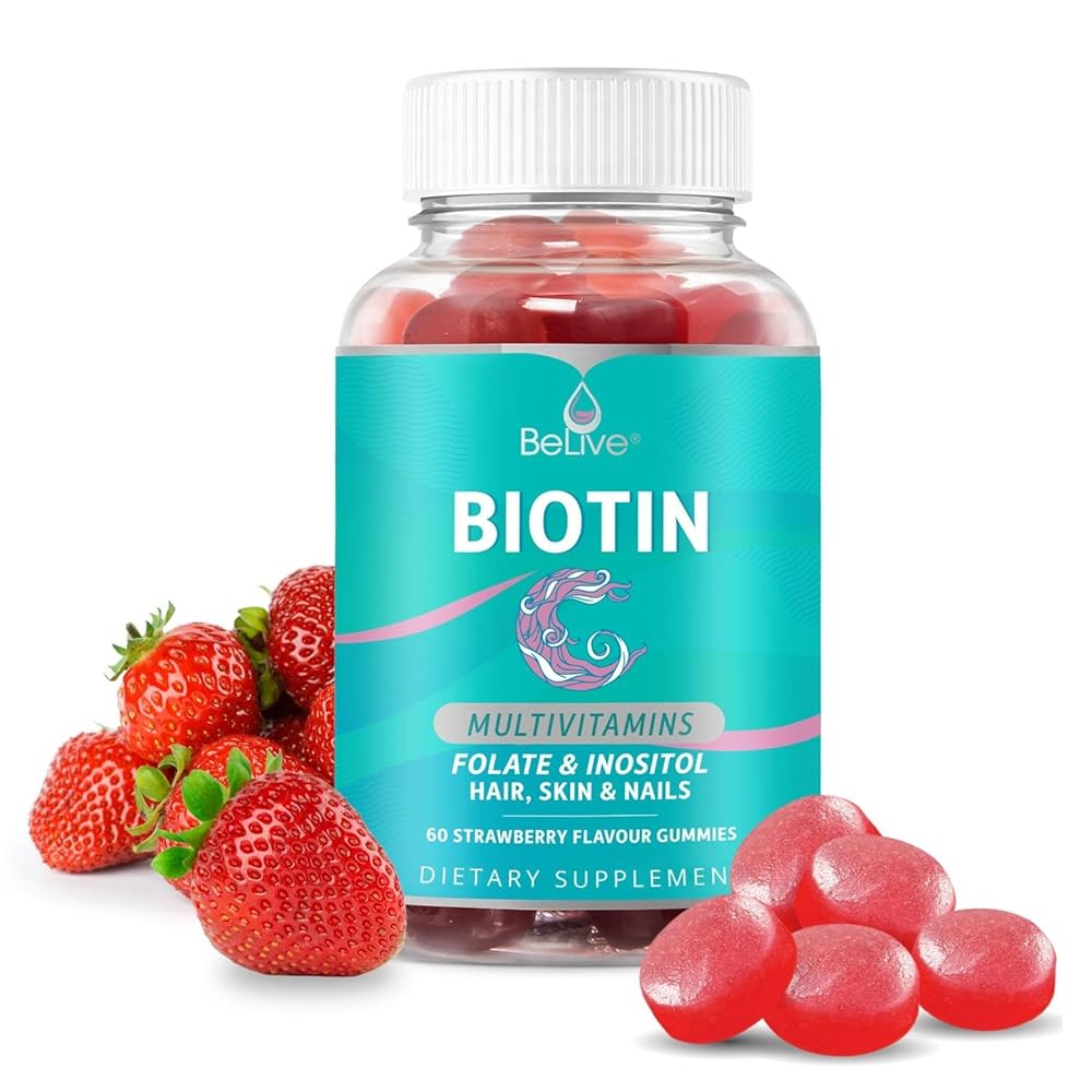 BeLive Biotin Gummies with MultiVitamins, Folate, Inositol - Supports Hair Growth, Healthy Skin & Nails - Vegan, Pectin Based - Strawberry Flavor (1)