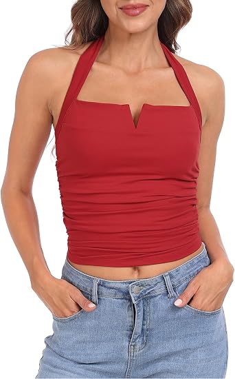 HDE Womens Halter Top with Built in Bra Ruched Backless Basic Summer Tops