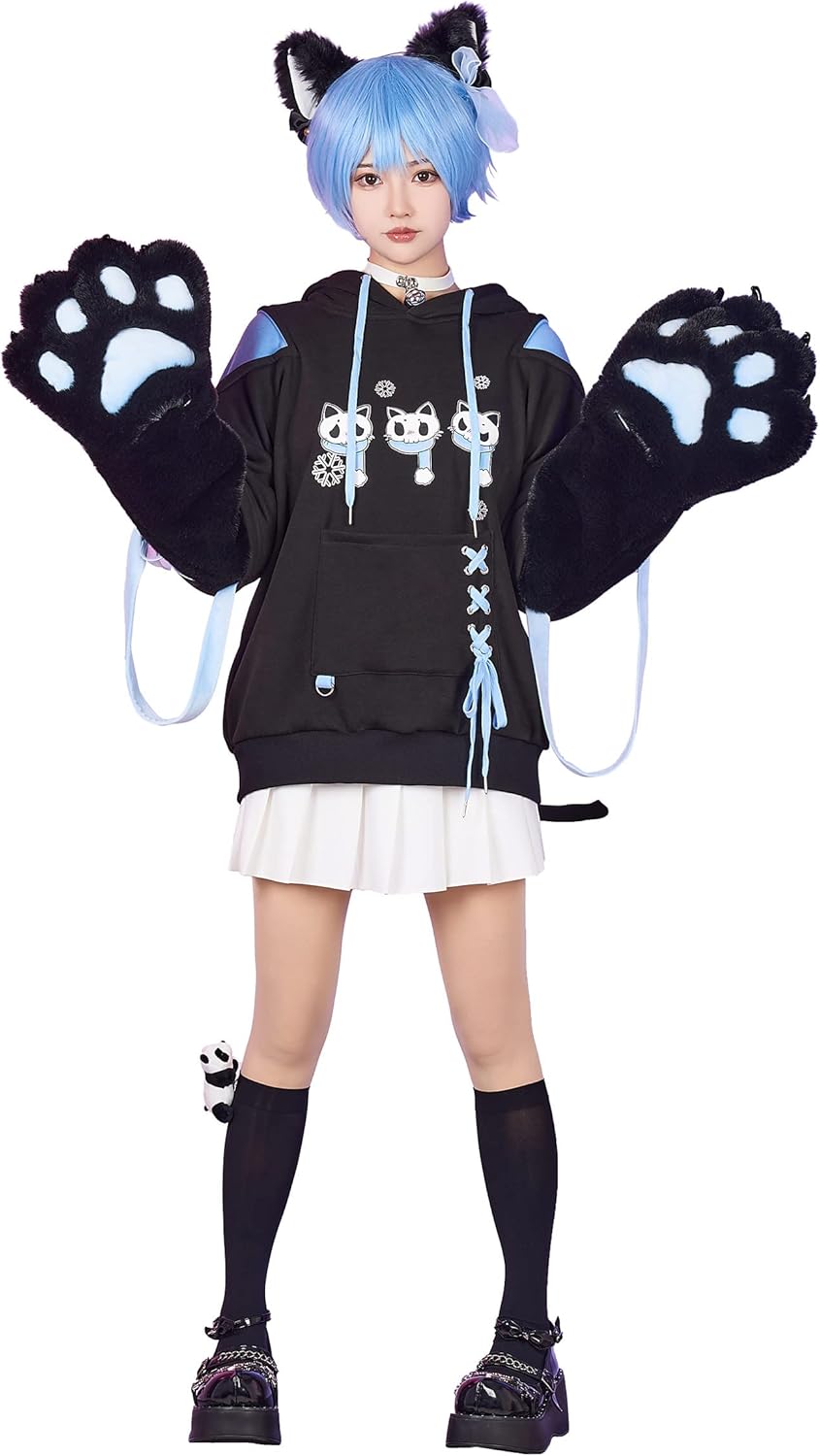 Womens Pullover Hoodie with Detachable Bag Design Furry Cat Paw Gloves Skull Cat Pattern Sweatshirt