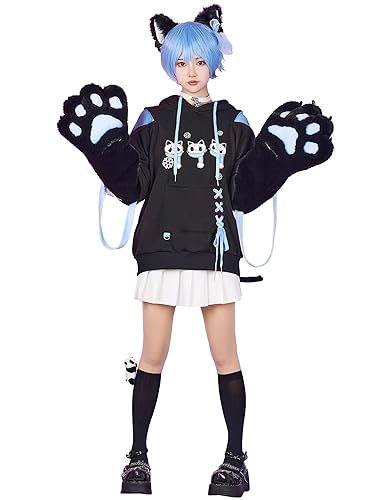 Micotaku Womens Pullover Hoodie with Detachable Bag Design Furry Cat Paw Gloves Skull Cat Pattern Sweatshirt - LXL - Black