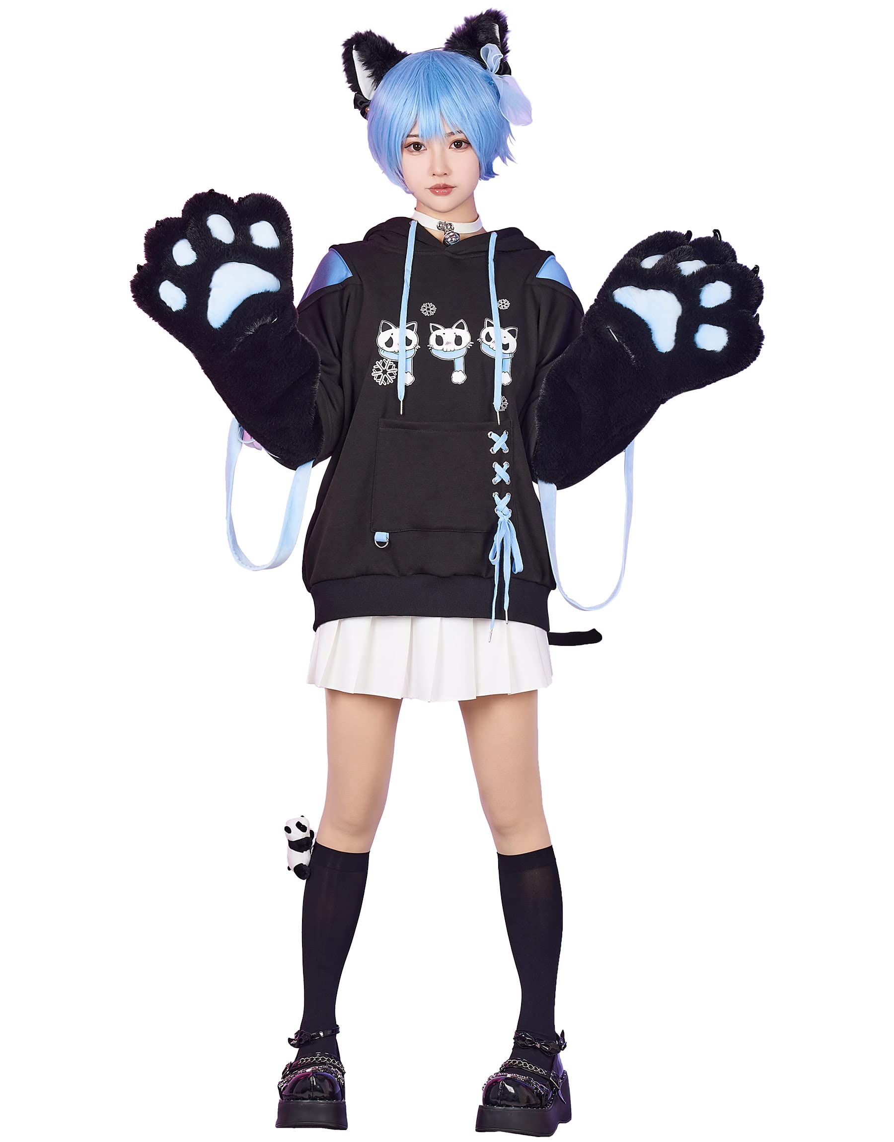 MicotakuWomens Pullover Hoodie with Detachable Bag Design Furry Cat Paw Gloves Skull Cat Pattern Sweatshirt