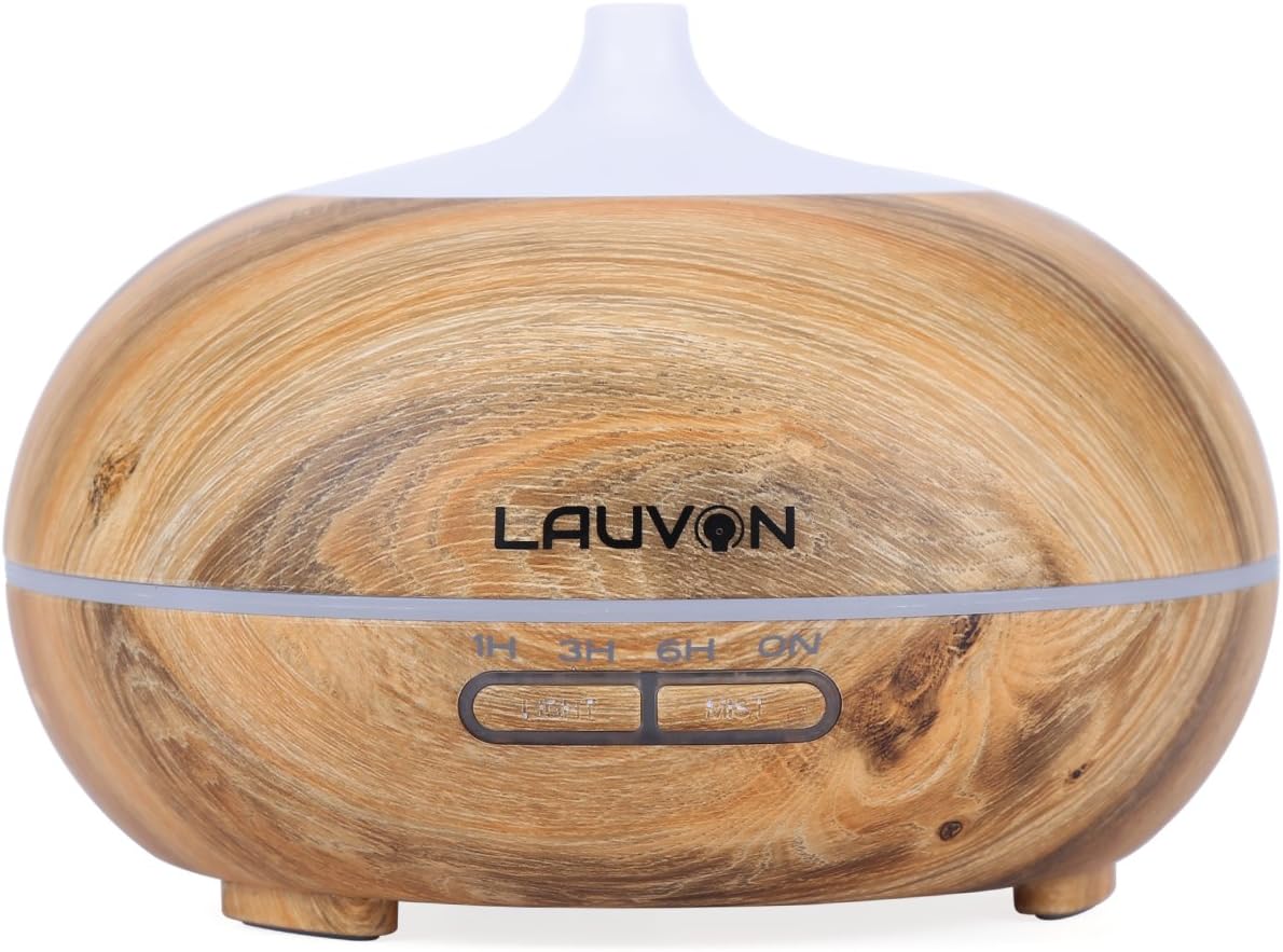 Essential Oil Diffuser, Lauvon 300 Milliliter Ultrasonic Cool Mist Tabletop Humidifier with Travel Adapters, Timer, Adjustable Mist, Waterless Auto Shut-off, 7 Color LED Light (Woodgrain)