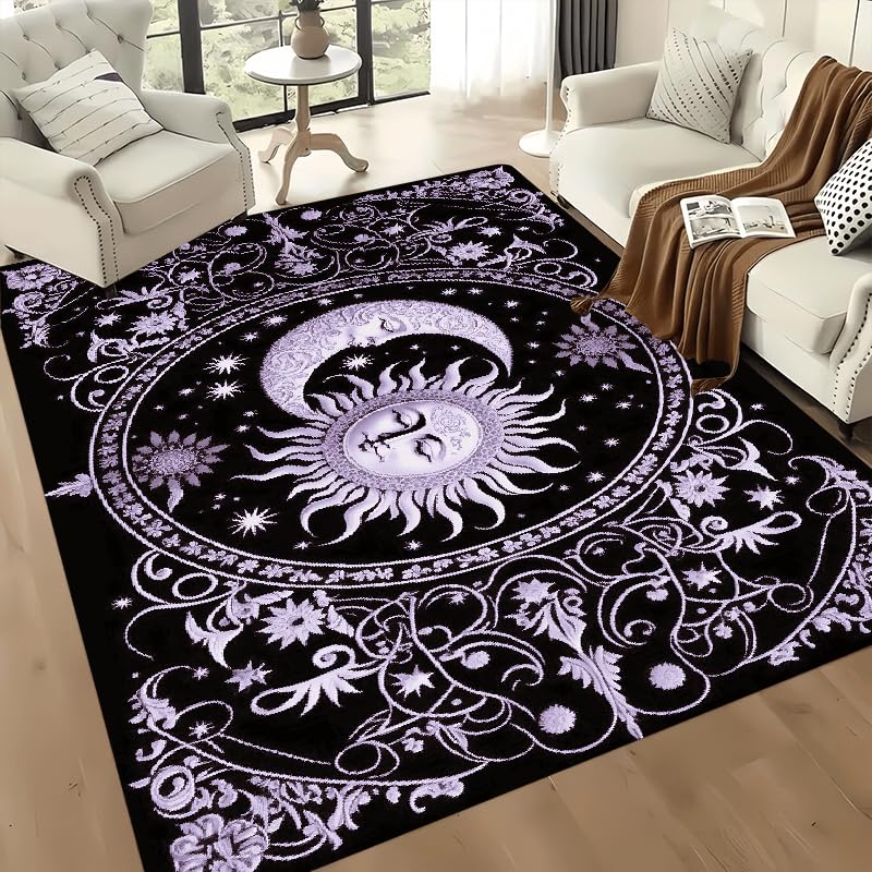 Bycmuoz Celestial Bedroom Carpet, 60x110cm, Boho Sun Moon Design Floor Rug, Purple Astrology Themed Cozy Low Pile Rug, with Non-Slip Backing Machine Shed Resistant Washable for Porch Entryway