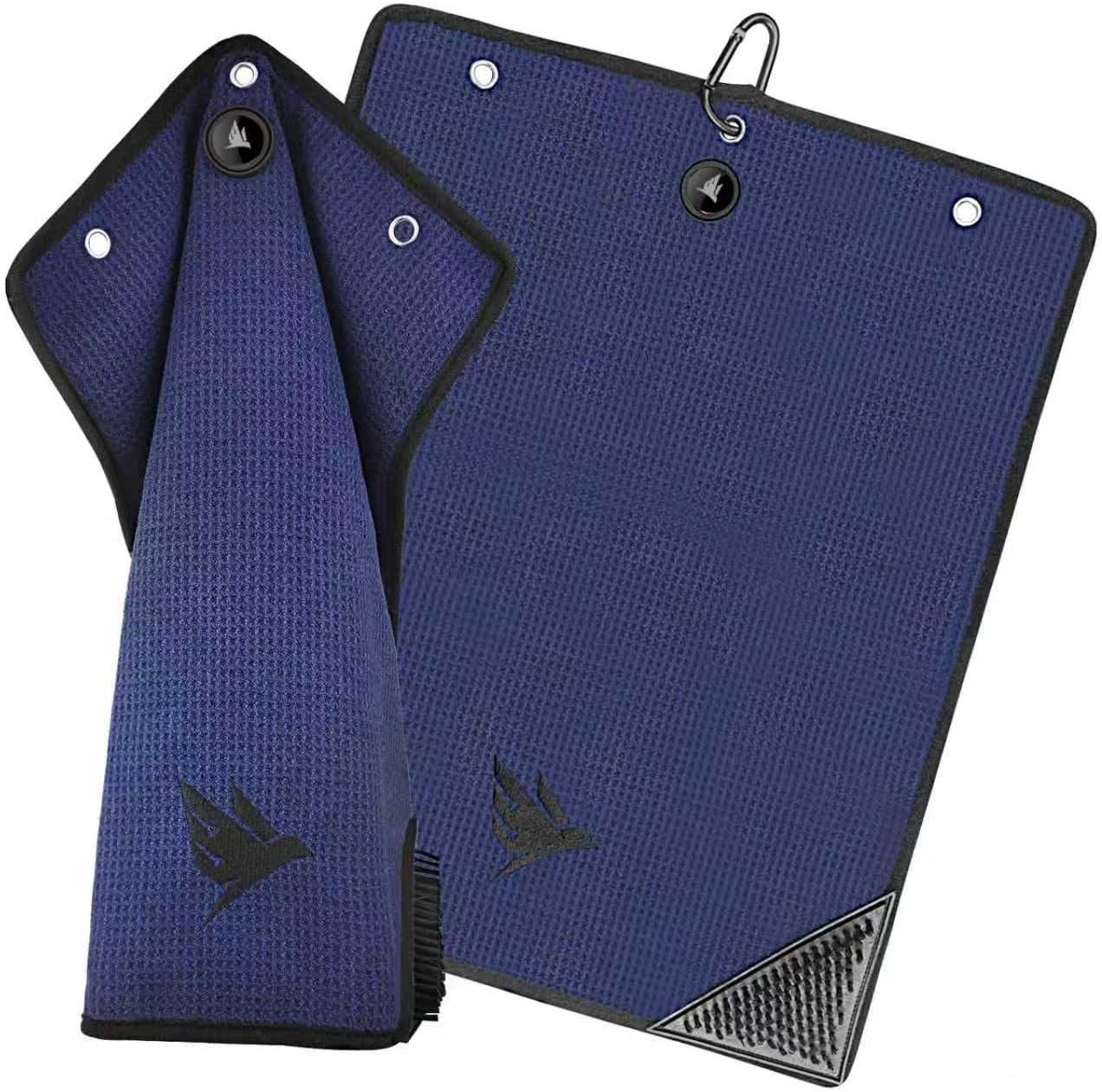 SWIFTEE Ultimate 4-in-1 Premium Golf Towel with Built-in Brush, Magnet, Ball Marker & Carabiner - 760GSM Microfibre Waffle Towel with Inner Wet Dry Liner (Navy)
