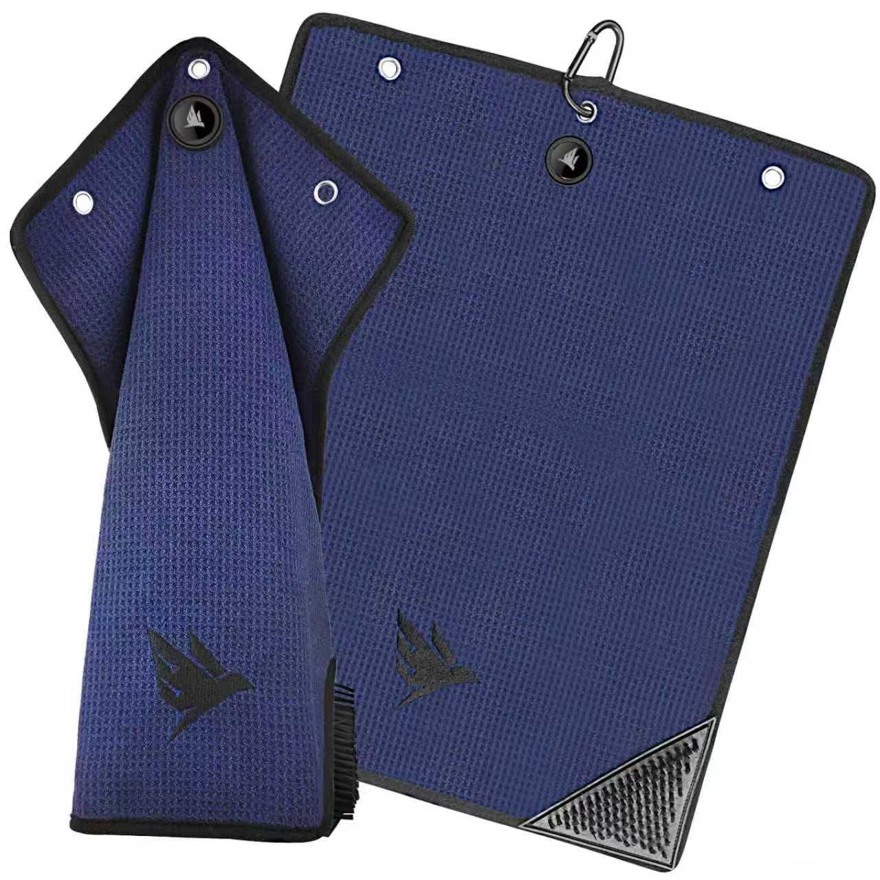 SWIFTEE Ultimate 4-in-1 Premium Golf Towel with Built-in Brush, Magnet, Ball Marker & Carabiner - 760GSM Microfibre Waffle Towel with Inner Wet Dry Liner (Navy)