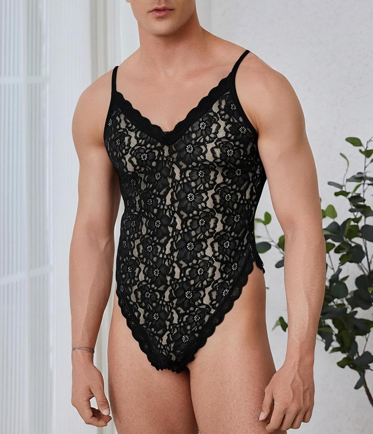 ABAFIP Men's Lace Lingerie Bodysuit Spaghetti Strap Sissy Sheer Thong Leotard Bodycon Nightwear Catsuit - Image 2