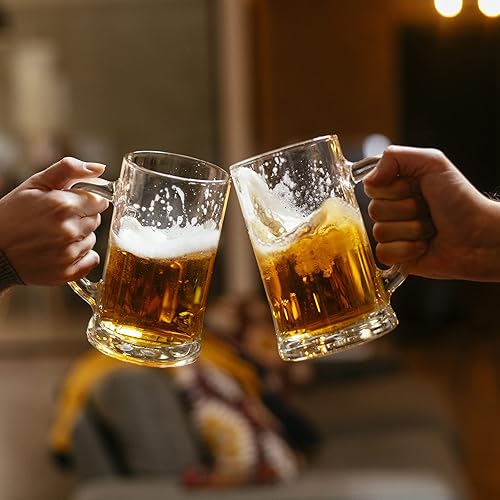 Miniatura 6 de COKTIK Paquete de 8 vasos de cerveza grandes pesados con asa, jarras de vidrio de 14 onzas, juego de vasos de cerveza clásicos