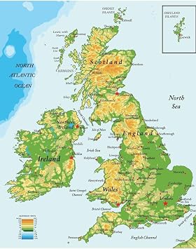 Laminated British Isles Map Poster United Kingdom UK Ireland Scotland Topographical City Atlantic Ocean Poster Dry Erase Wall Art 16x24