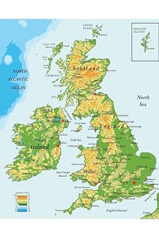 Laminated United Kingdom Ireland Scotland Topographical City Atlantic Ocean Map Poster Dry Erase Wall Art 12x18