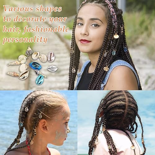 Miniatura 5 de FERCAISH Accesorios trenzados para el cabello, 13 piezas de diferentes conchas de coleta, joyería para el cabello, colgantes de esmalte de concha de