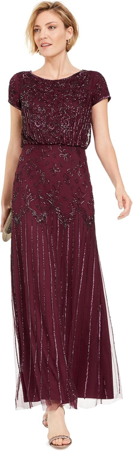 Adrianna Papell Women's Short Sleeve Beaded Gown