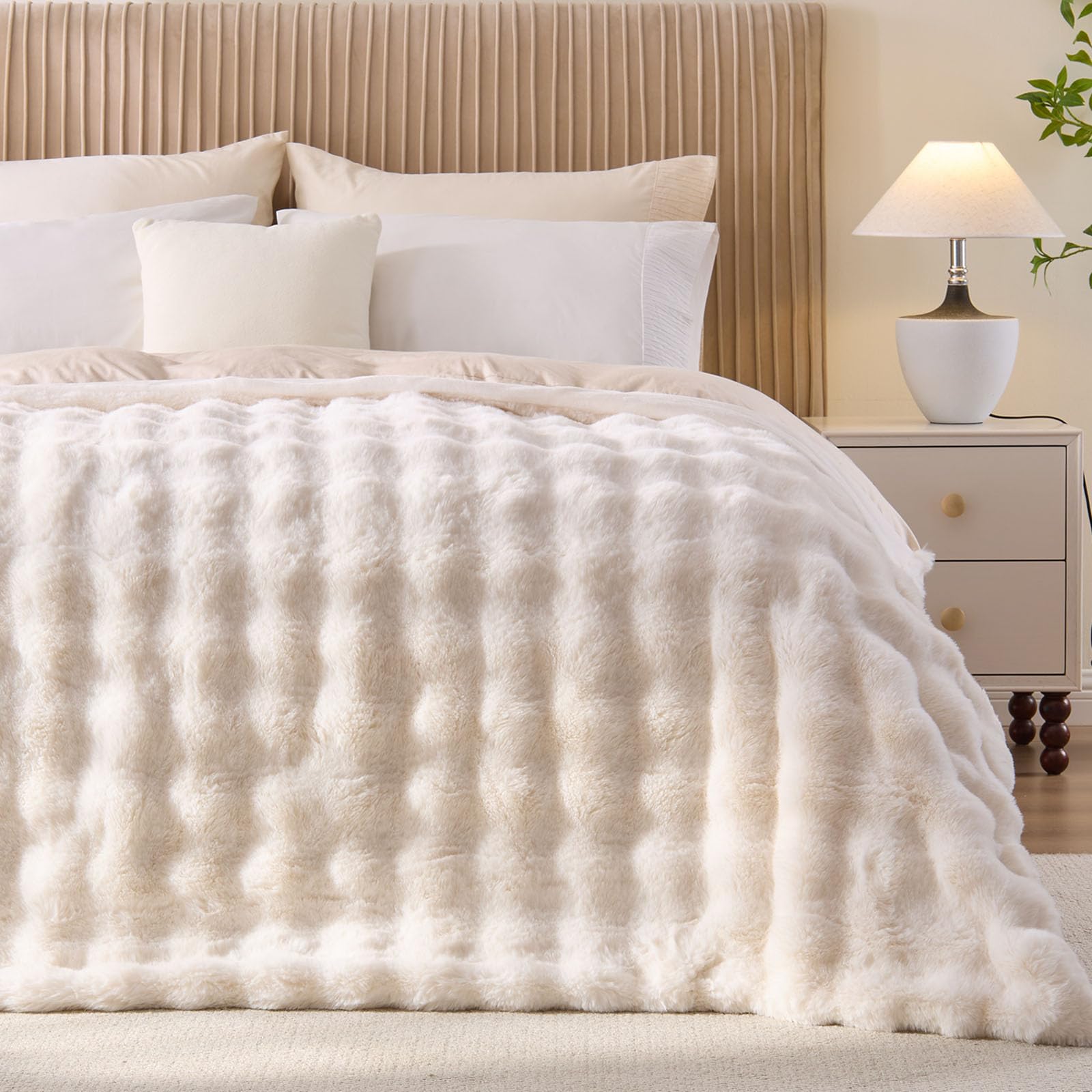 NEWCOSPLAY Faux Fur Bubble Twin Blanket for Couch, Ivory Thick, 60"x80" โ image 1