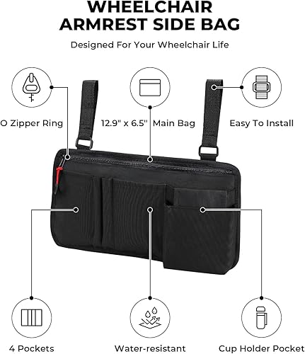 Miniatura 5 de ISSYZONE Bolsa lateral para silla de ruedas, bolsa para andador con soporte para tazas, accesorios para reposabrazos de silla de ruedas para