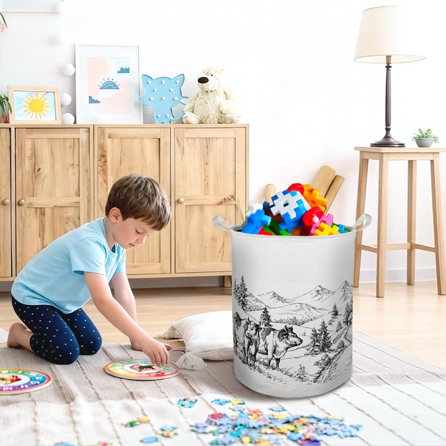 Vintage Farmhouse Cow Laundry Basket Hamper,Rustic Country Cow Meadow Mountain Landscape Foldable Clothes Toys Books Storage Box Bins Baskets Organizer for Bedroom Bathroom Home