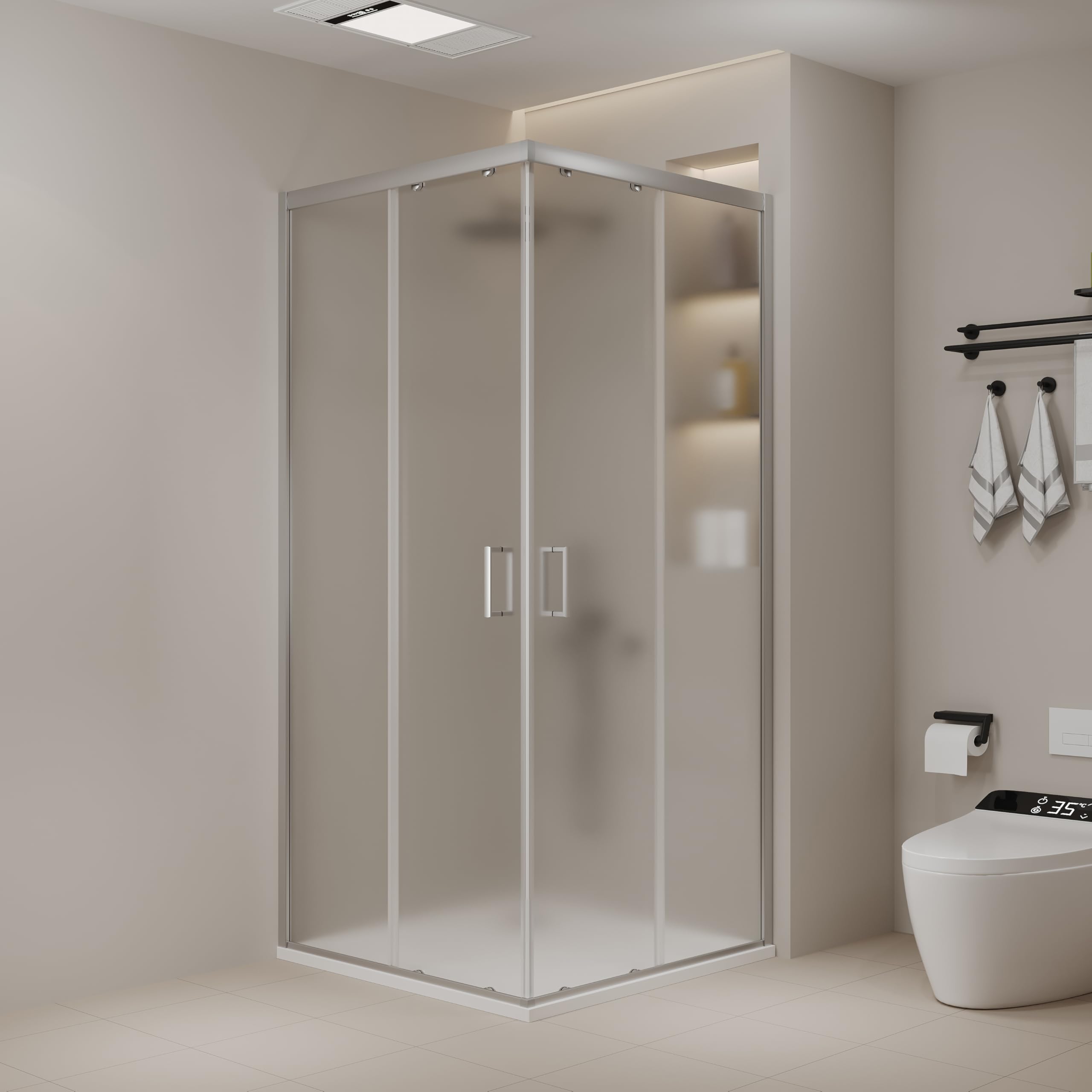 Box Doccia NORTH Angolare, Vetro Temperato 6mm, Opaco Frosted, Porte Scorrevoli, Profili in Alluminio (80x80)
