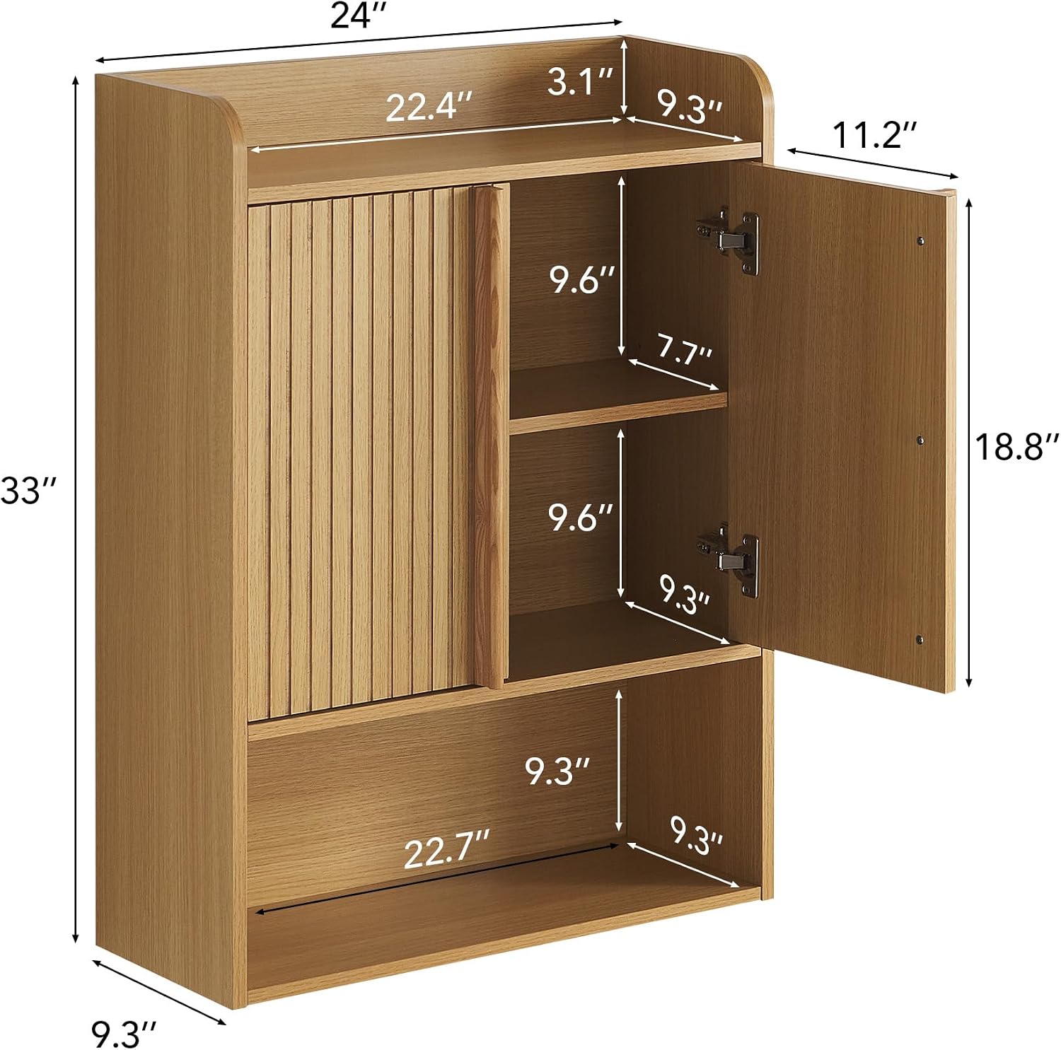 VANIRROR Bathroom Wall Cabinet, 24 x 9.3 x 33 in Wood Finish Wall Mounted Medicine Storage Organizer with Fluted Doors, Raised-Edge Top, Over Toilet Cabinet for Laundry Kitchen