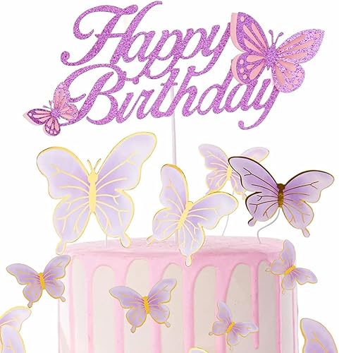 Miniatura 9 de ALISSAR Juego de decoración de pastel de cumpleaños morado con purpurina, decoración de pastel de mariposa y 16 piezas de decoración de cupcakes de