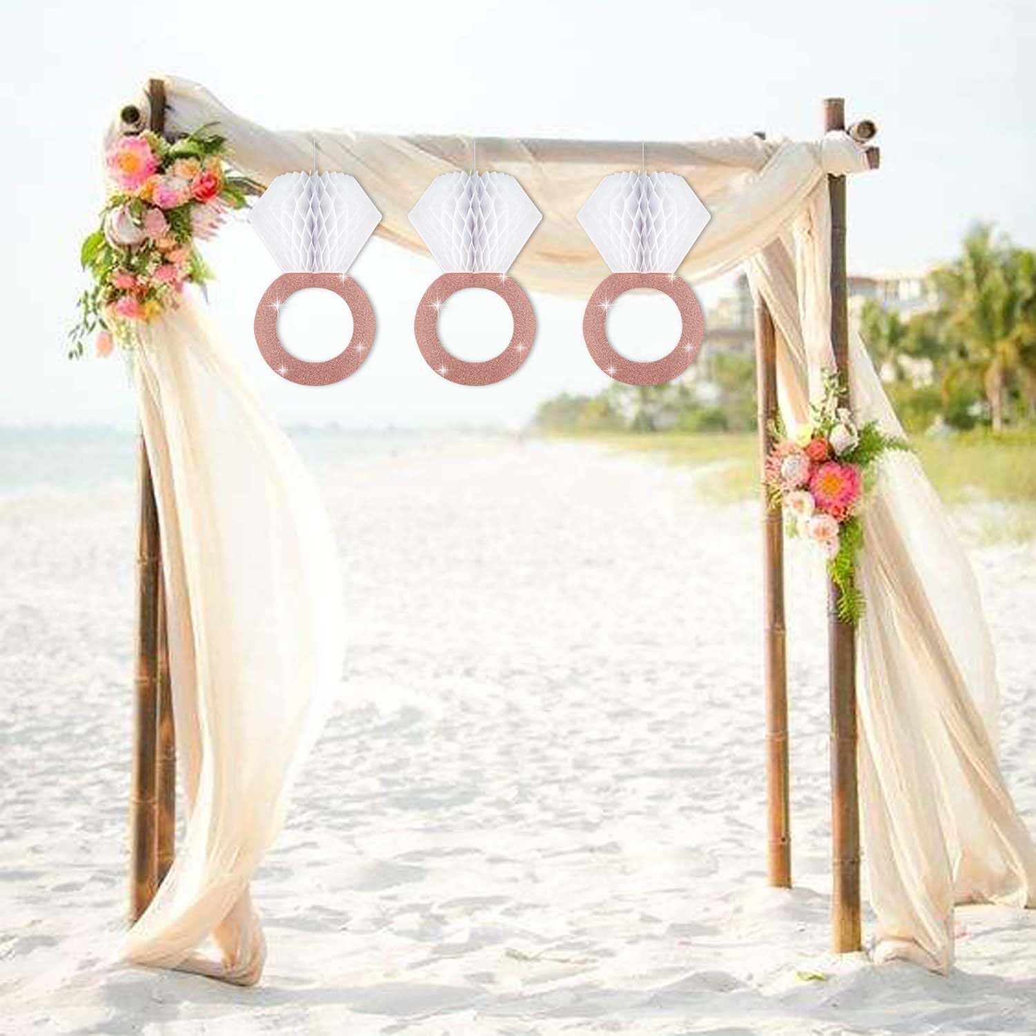 3 Pieces Honeycomb Diamond Ring Hanging Decorations for Wedding Party Bridal Shower Engagement - Glitter Gold Paper Balls Supplies for Engaged Decor (Rose Gold)