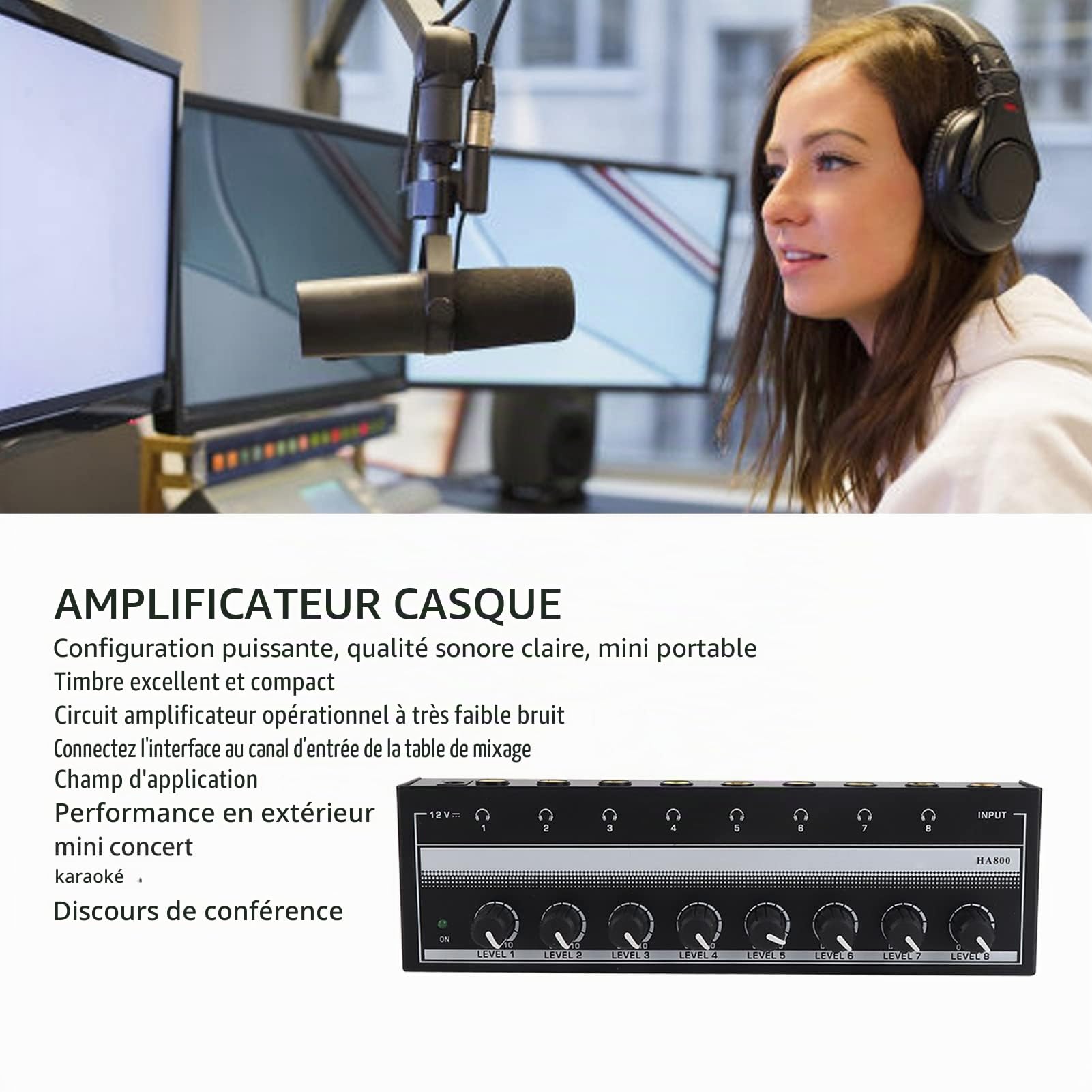 Amplificateur de Casque 8 Canaux, Amplificateur Stéréo Portable en Métal Mini Amplificateur de Casque pour Studio et Scène 100 à 240 V