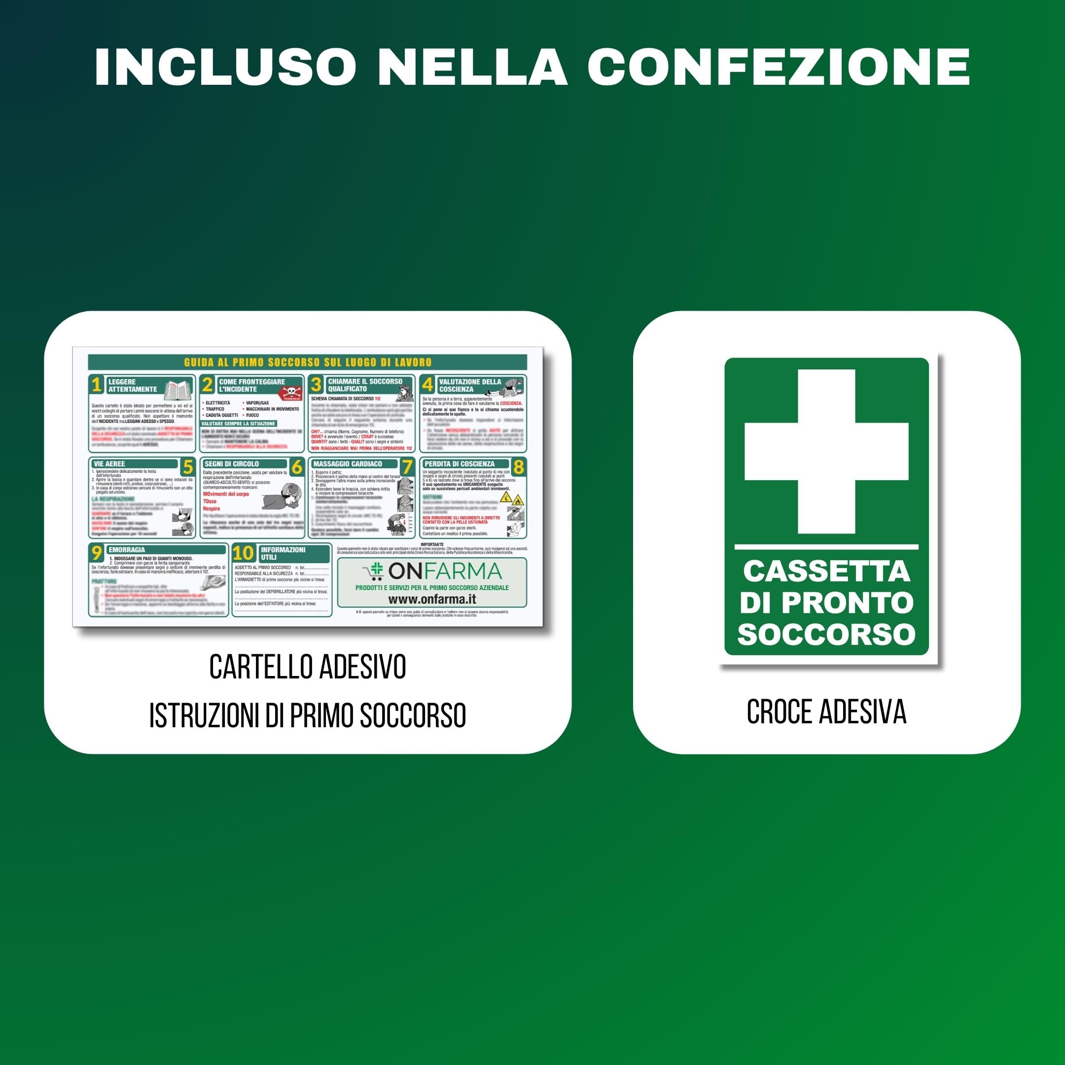 ONFARMA KIT REINTEGRO pronto soccorso pacchetto di medicazione COMPLETO DI CARTELLO PRIMO SOCCORSO conforme DM 388 allegato 2 per aziende fino a 2 lavoratori e mezzi aziendali
