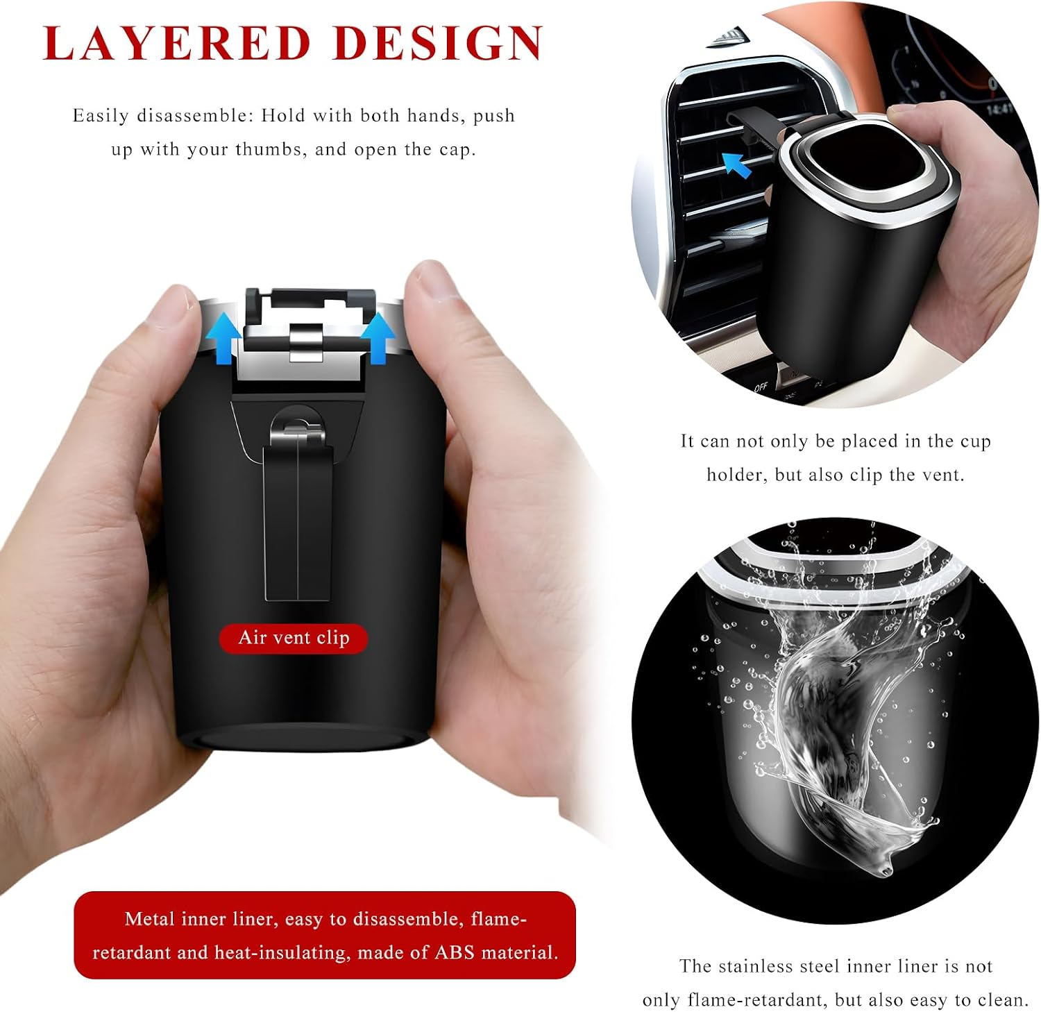 Car Ashtray with Lid, Smell Proof Stainless Steel Ash Tray with LED Blue Light & Air Vent Clip, Detachable Mini Trash Can Waterproof Ashtray for Most Vehicle Cup Holders
