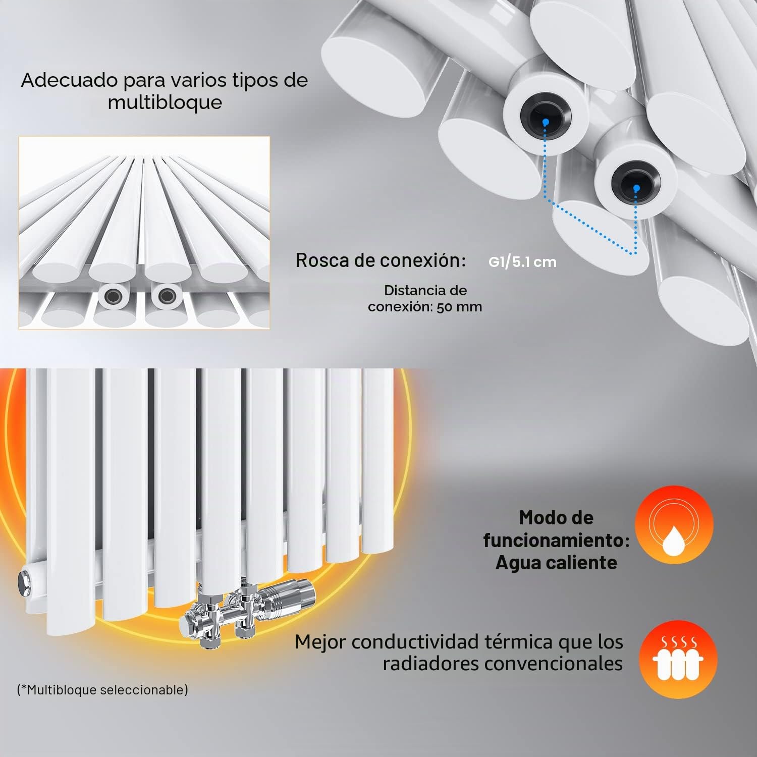 ELEGANT Radiador de panel de diseño tubular, 1800 x 354 mm, color blanco, doble capa, conexión central, tubo vertical