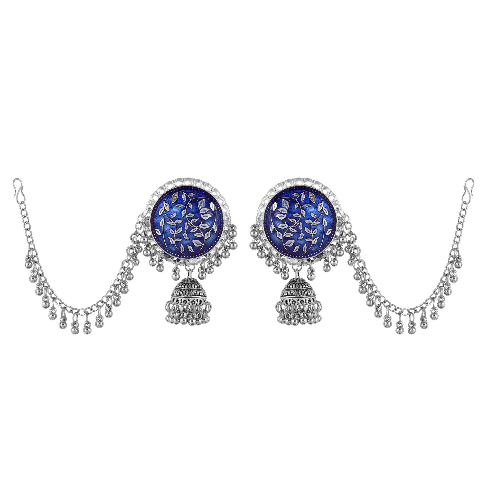 KAPS ENTERPRISES Blue Oxidized Silver Traditional Bahubali Long Earrings with Chain for Women
