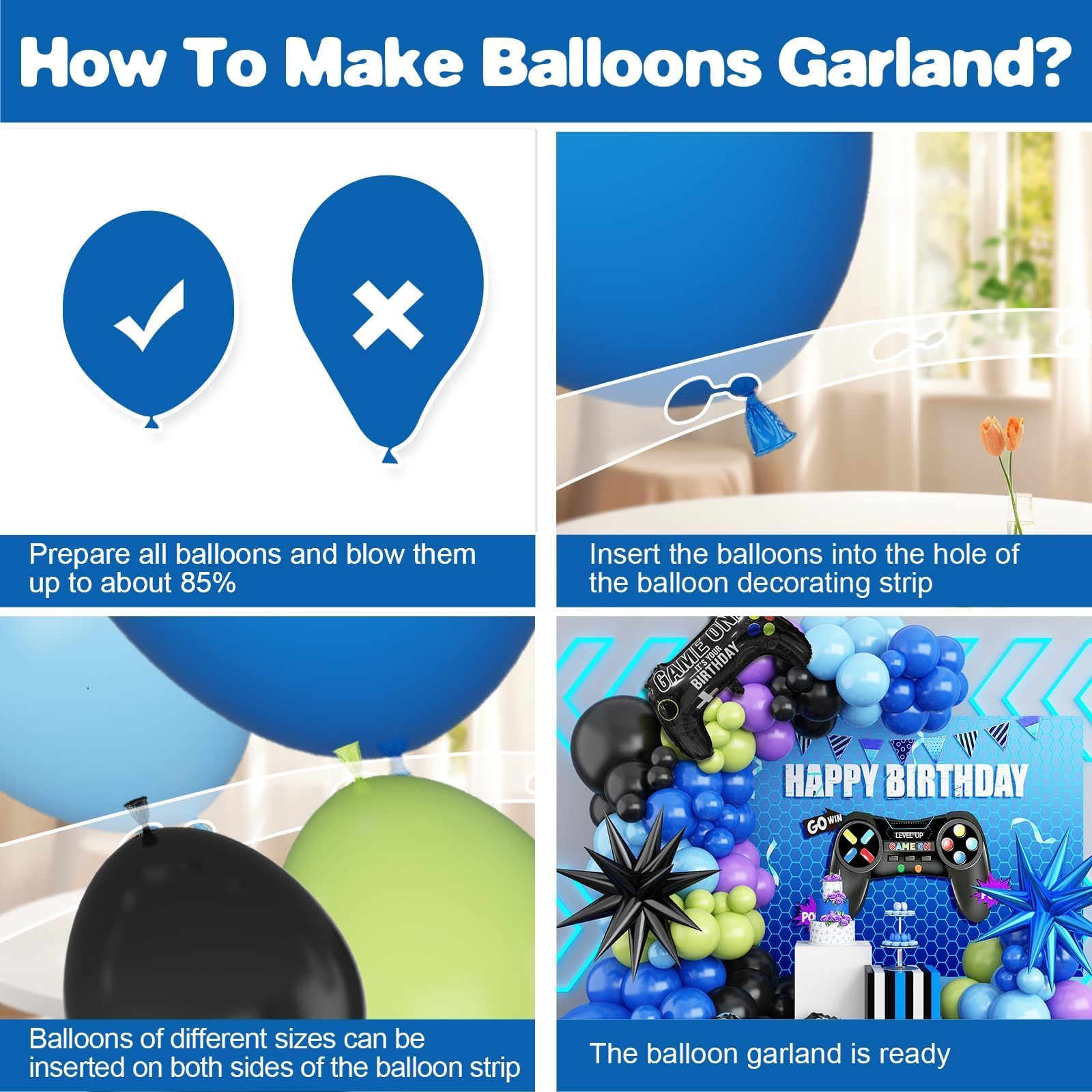 Kit de guirnalda de arco de globos de videojuegos, globos de fiesta azul, morado, verde, negro, con 2 globos de aluminio con mango de juego para temática de videojuegos, fiesta de cumpleaños,