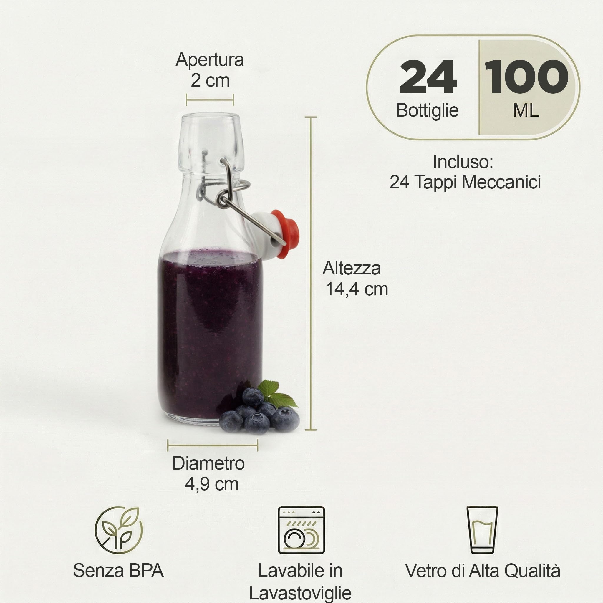 24 bottigliette di vetro 100ml – Bottiglie piccole 100 ml per liquore con tappo a leva ermetico – Regali, conserve, fermentazione e aceto